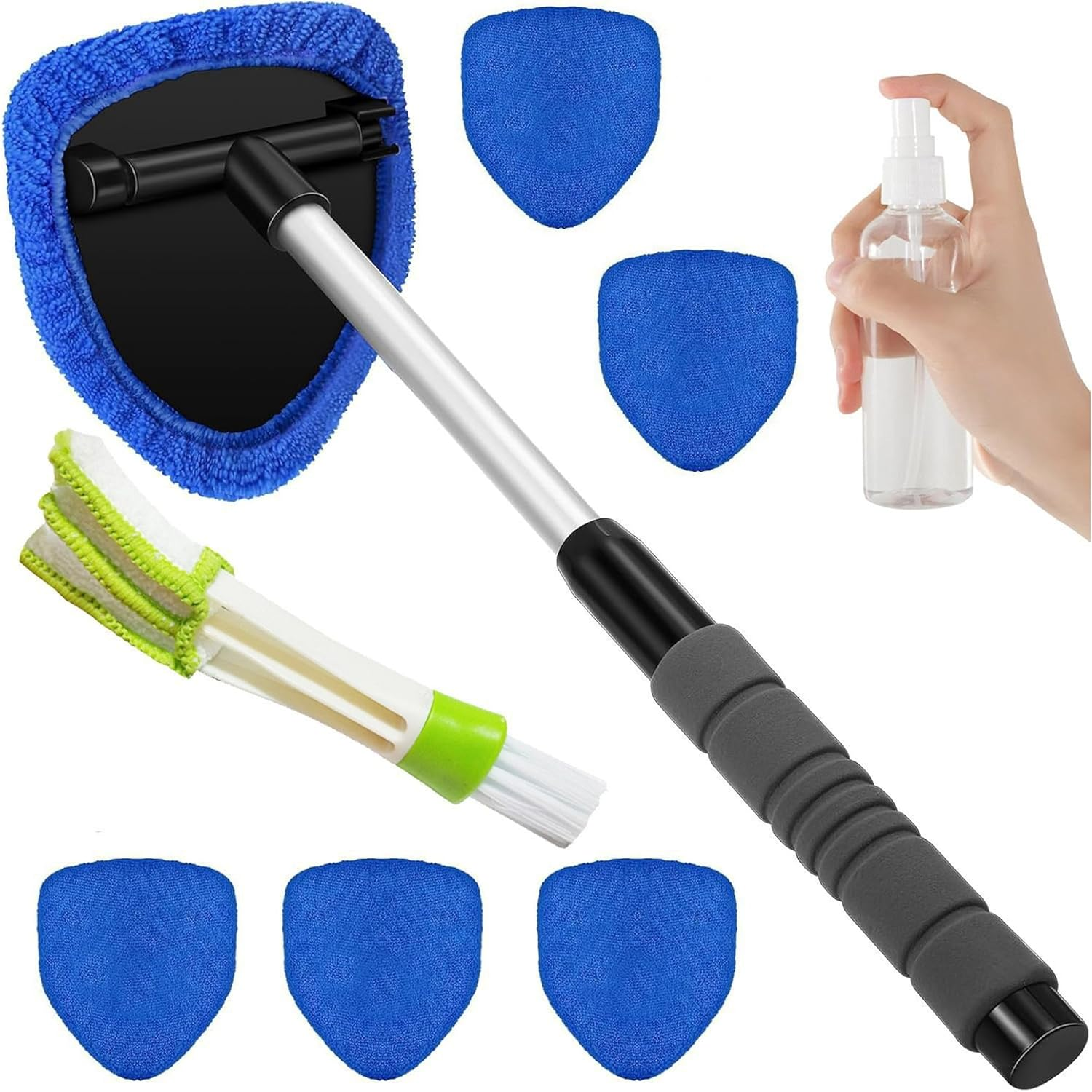 Tourgoing Windshield Cleaning Tool, Extendable Windshield Cleaner with 6 Washable Pads & 1 Spray Bottle, Interior & Exterior Windshield Wiper Tool for Car, SUV, Truck, RV (Green)