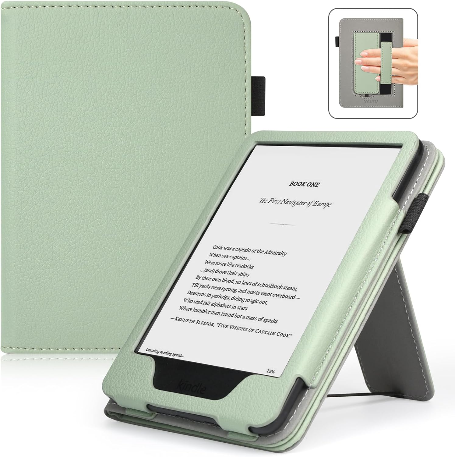 Case with Stand for for 6" Kindle (2024 & 2022, 11Th Gen) &ndash; PU Leather Smart Cover with Auto Sleep/Wake & Hand Strap for Kindle 2024, Sage