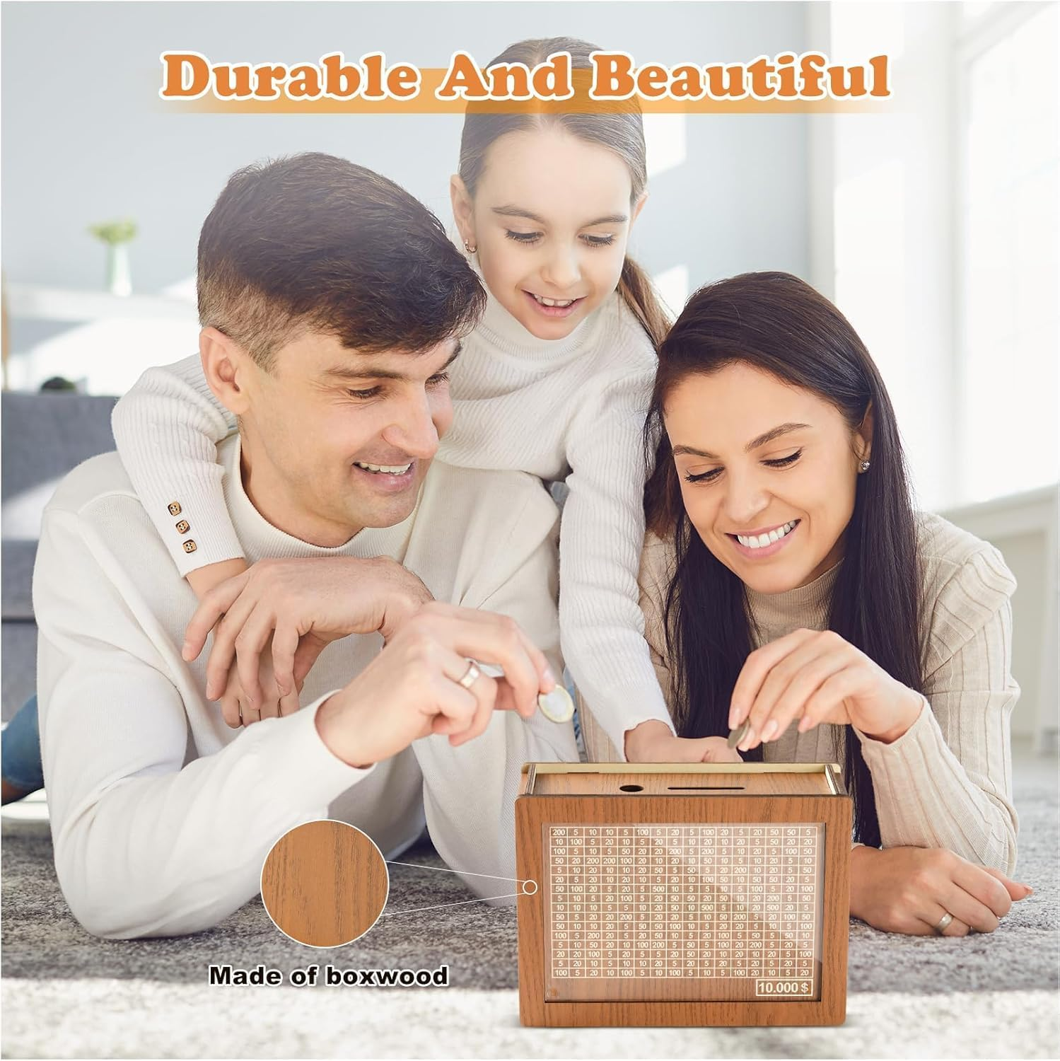 10000 Savings Challenge Box, Cashbox Kakeibo Money Box, Cash Vault Wooden Savings Box 10,000 Dollar, Wooden Digital Piggy Bank for Adults Kids, Money save Box 10K with Erasable Pen, Money Saver image number 2