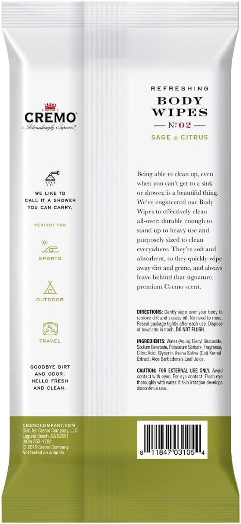 Cremo Refreshing Sage & Citrus Body Wipes, a Revitalizing Combination of Bright Mandarin, Dry Herbs and White Cedar, 60 Count image number 3