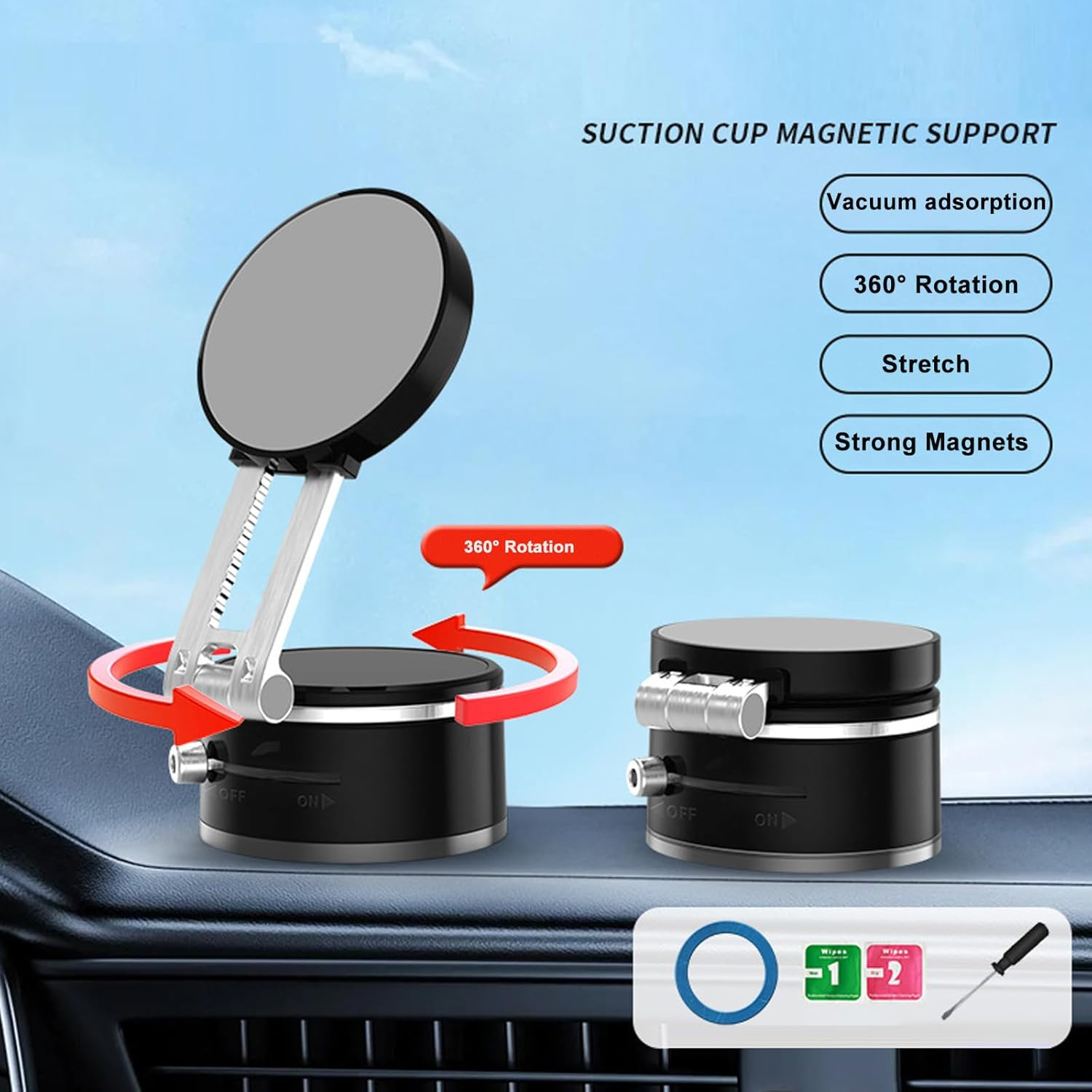 ROUMAYMAY Car Phone Holder Vacuum Suction Mount, Foldable Cup 360&deg; Rotation Retractable Adjustable Strong Magnetic for All Cell Phone Stand on Dashboard Vent Windshield, Black image number 1