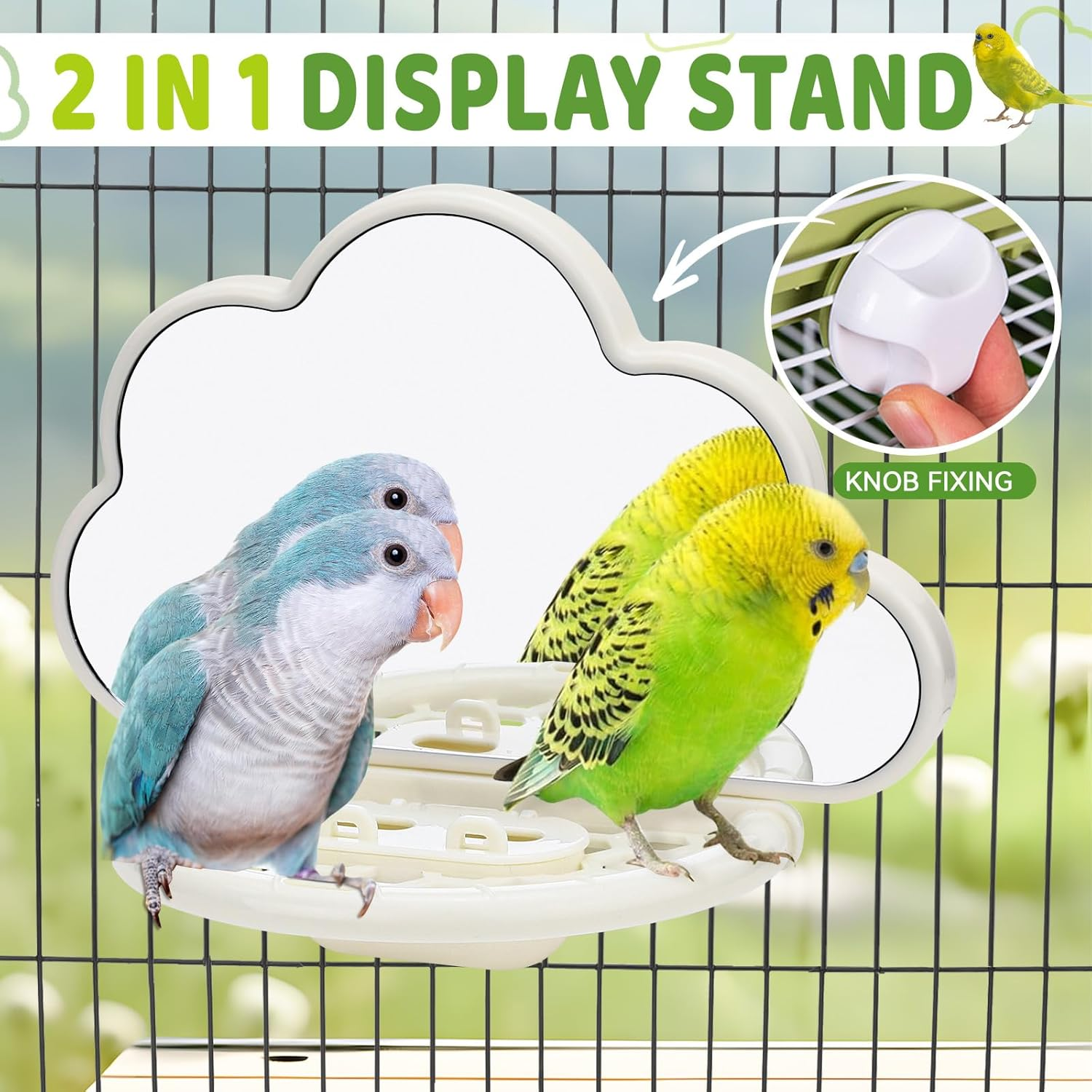 Bird Mirror, Bird Cage Mirror, Bird Toy Bird Cage Mirror for Parakeets, Bird Cage Feeders, Bird Perches for Cage, Bird Cage Accessories (Beige, Green) 2 Pack