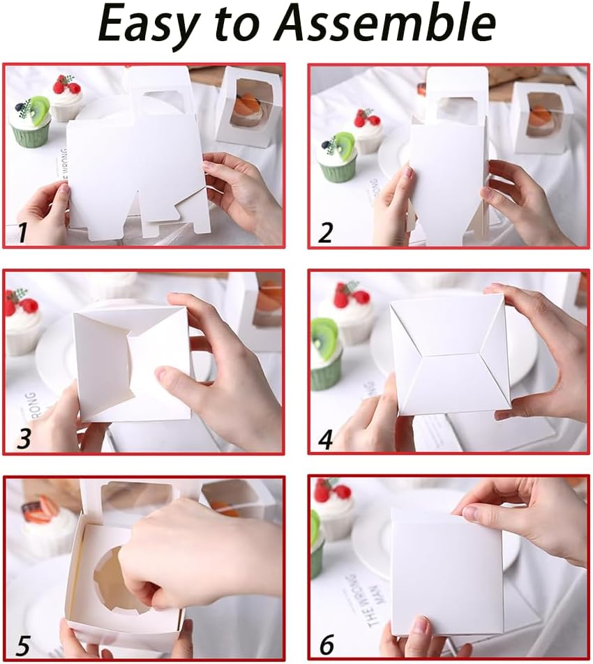 50 Pcs White Cupcake Boxes, Translucent Paper Cupcake Boxes, Cupcake Boxes with Window, Small Dessert Box with Inner Tray, Individual Cupcake Containers, for Wedding, Birthday Party Etc image number 4