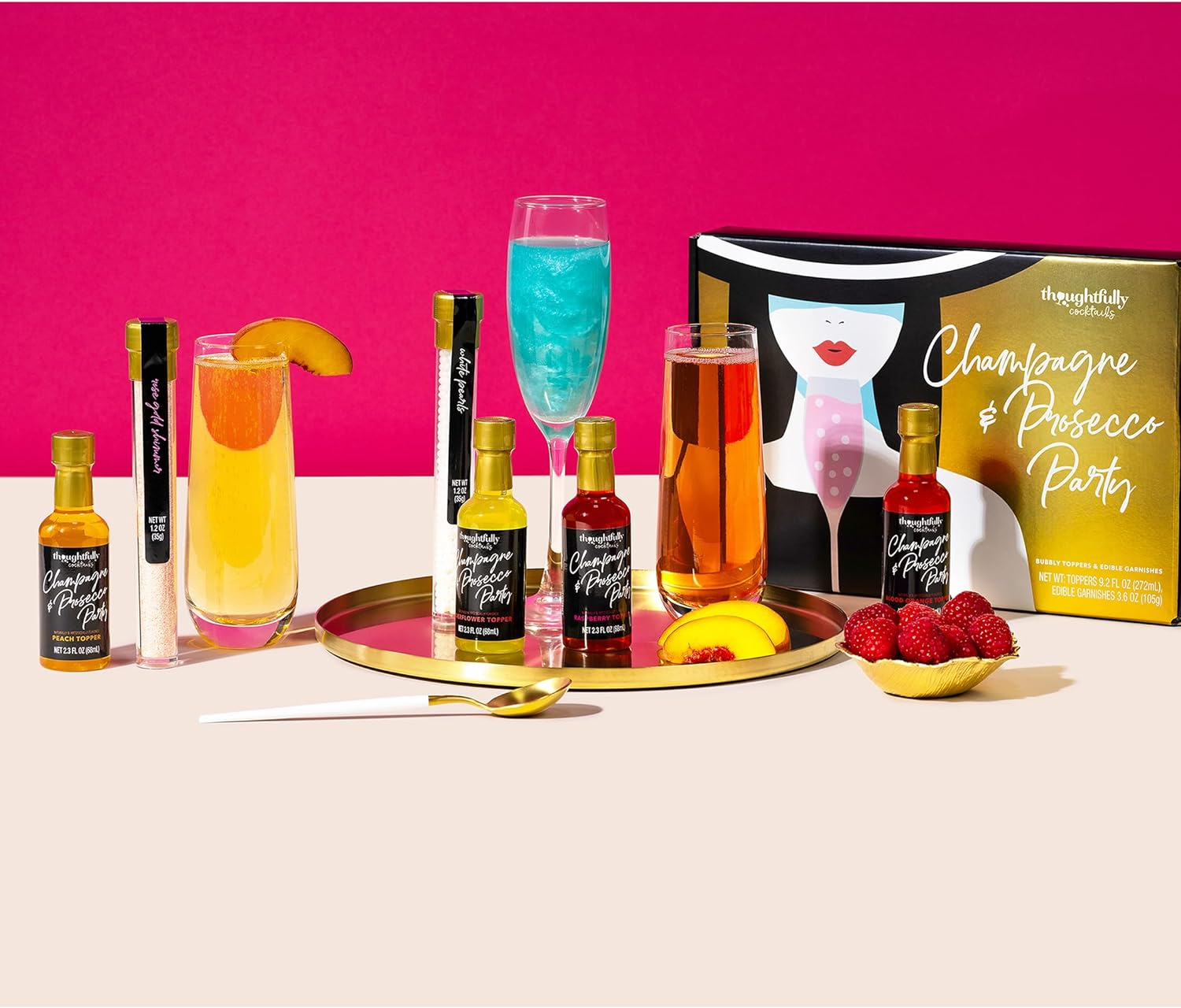 Thoughtfully Cocktails, Bubblies' Prosecco Cocktail Toppers, Includes 4 Fruit-Flavoured Cocktail Mixes, Sweet Edible Pearls and Edible Rose Petals (Contains NO Alcohol)