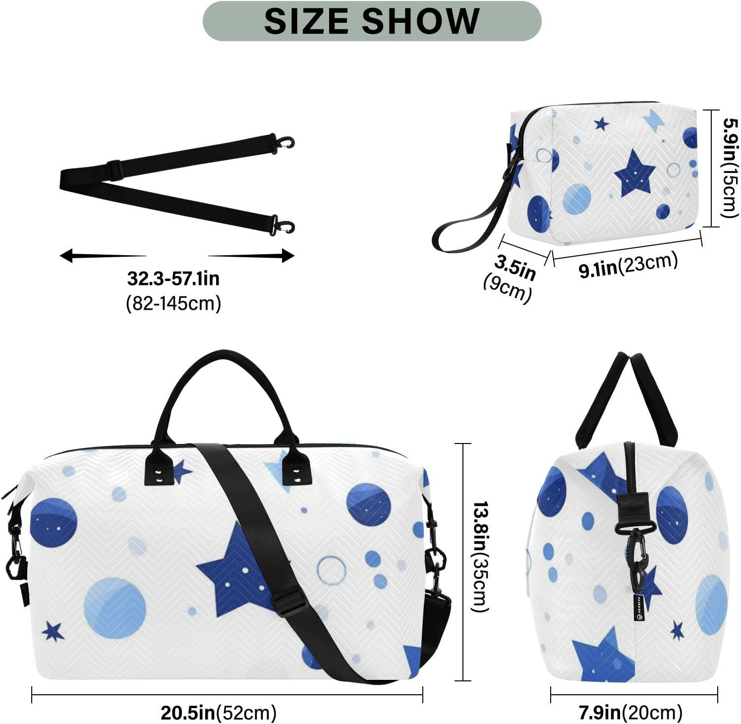 Blue Star Dots Travel Tote Bag Weekender Overnight Bag Workout Bag with Toiletry Bag for Hiking Waterproof, Blue Star Dots, 1 Size image number 2