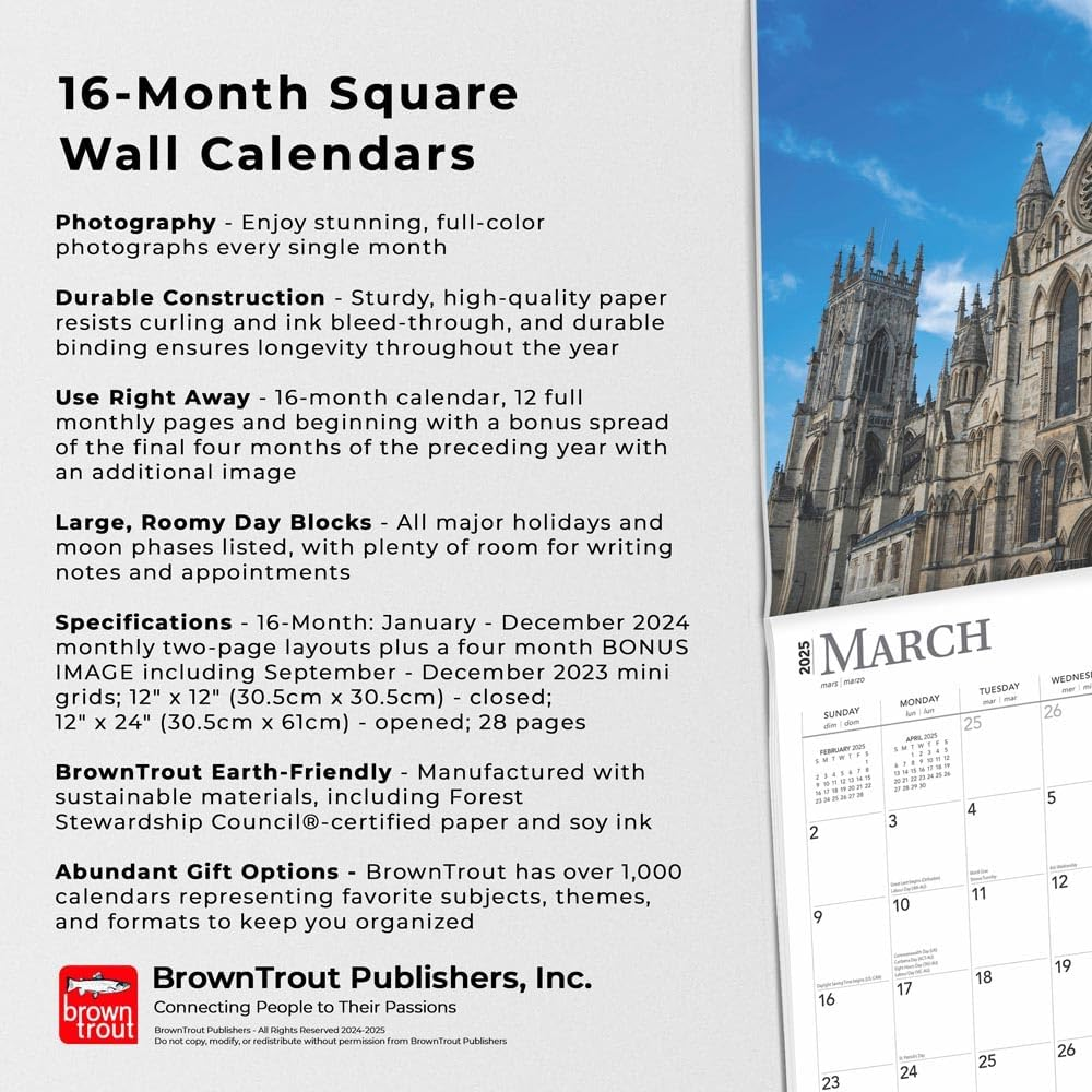 England | 2025 12 X 24 Inch Monthly Square Wall Calendar | Plastic-Free | Browntrout | UK United Kingdom Scenic image number 3