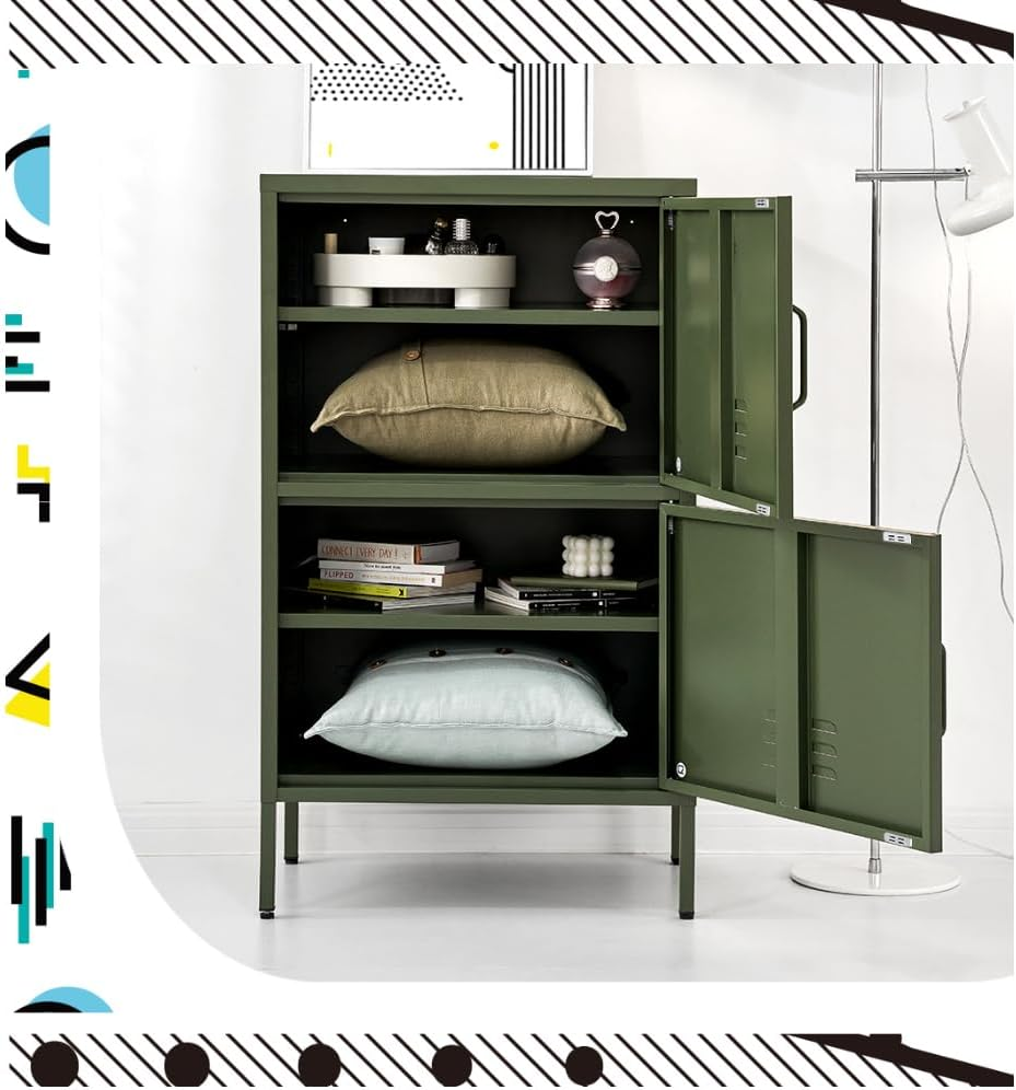 Artissin Locker, Metal Sideboard Buffet Cabinet Bedside Table Shoe Storage TV Cabinets Organiser Home Bedroom Kitchen Living Room Bathroom Furniture, Adjustable Shelves with Doors Green image number 4