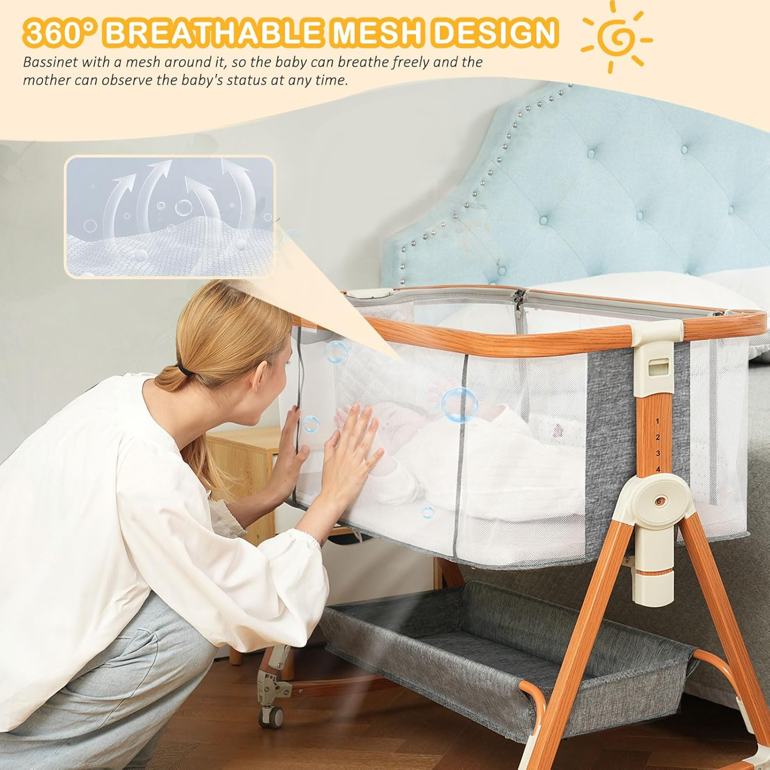Baby Bassinet, Bassinet Bedside Sleeper Co-Sleeper with Adjustable Height, 4-Sided Mesh Baby Crib with Wheels and Storage Basket for Newborn 0-6 Months (Grey) image number 3
