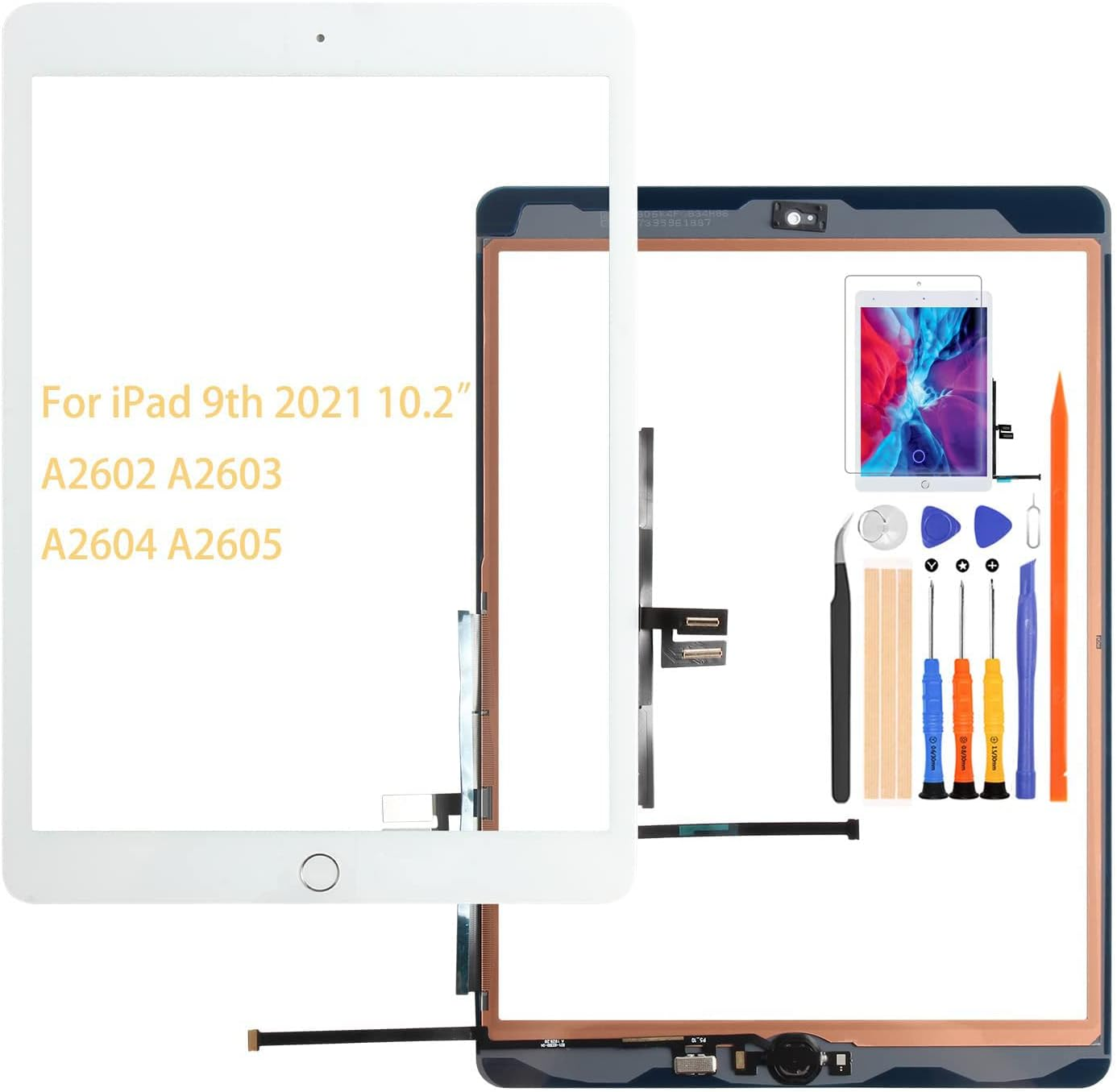 A-MIND for Ipad 9 10.2" 2021 Screen Replacement, for Ipad 9Th Generation A2602 A2603 A2604 A2605 Touch Screen Digitizer Glass Panel Lens Repair Kits(Not LCD) (Black,With Home Button)