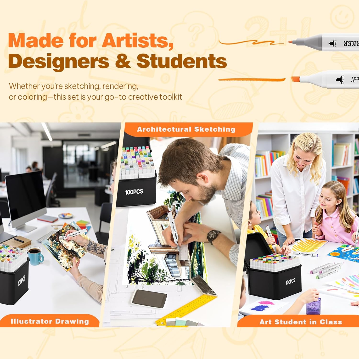 Sashion 100 Colors Alcohol Markers - Dual Tip Colouring Art Drawing Markers, Alcohol Based Markers Set for Kids, Artist, Adult, Highlighter Pen Sketch for Painting, Coloring, Sketching and Drawing image number 4