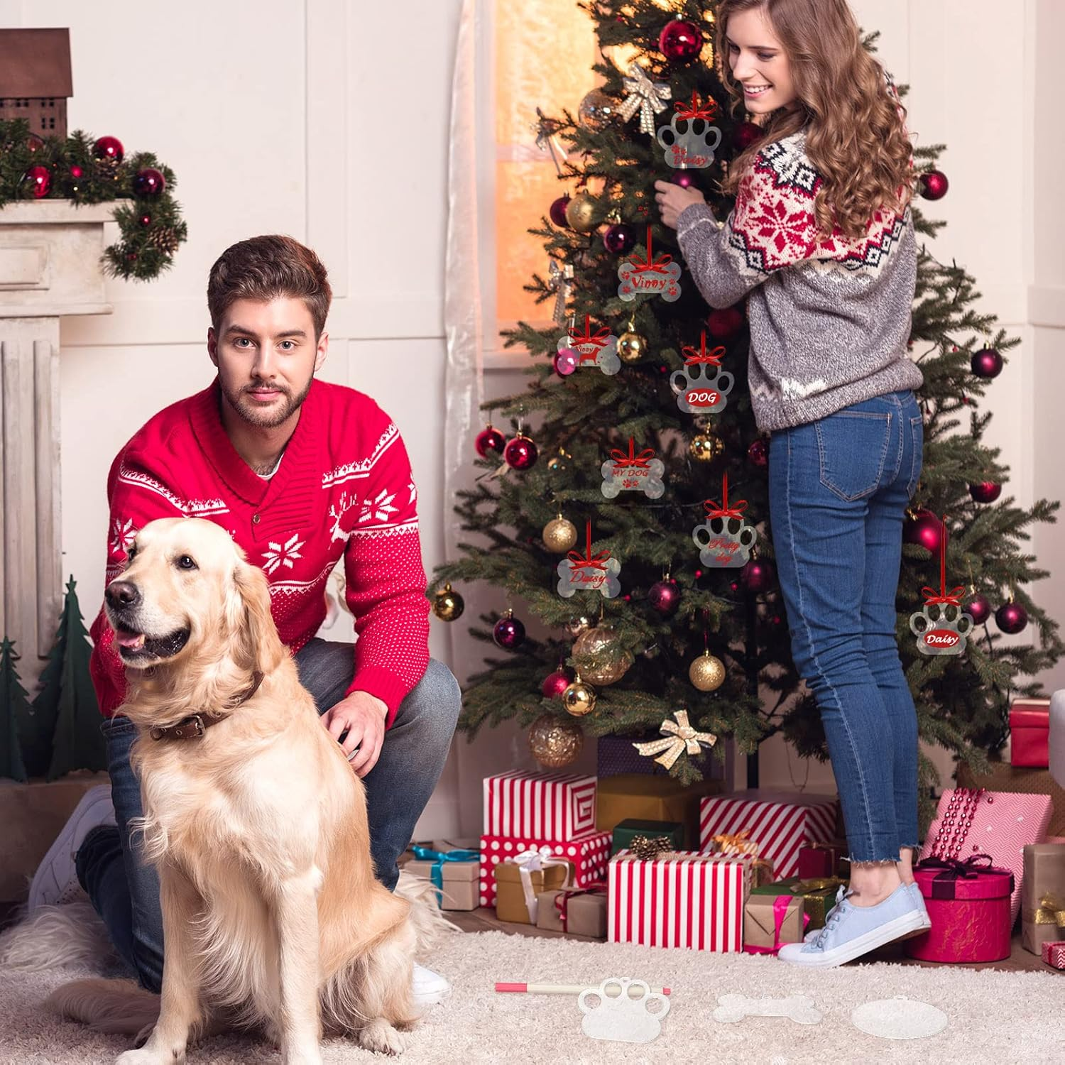 35 Pieces Christmas Acrylic Ornaments Blank Dog Paw Bone Ornaments round Disc Heart Hanging Ornament DIY Stocking Name Tag Acrylic Ornament with Paint Pen and Ribbon for Christmas Crafts (White) image number 2