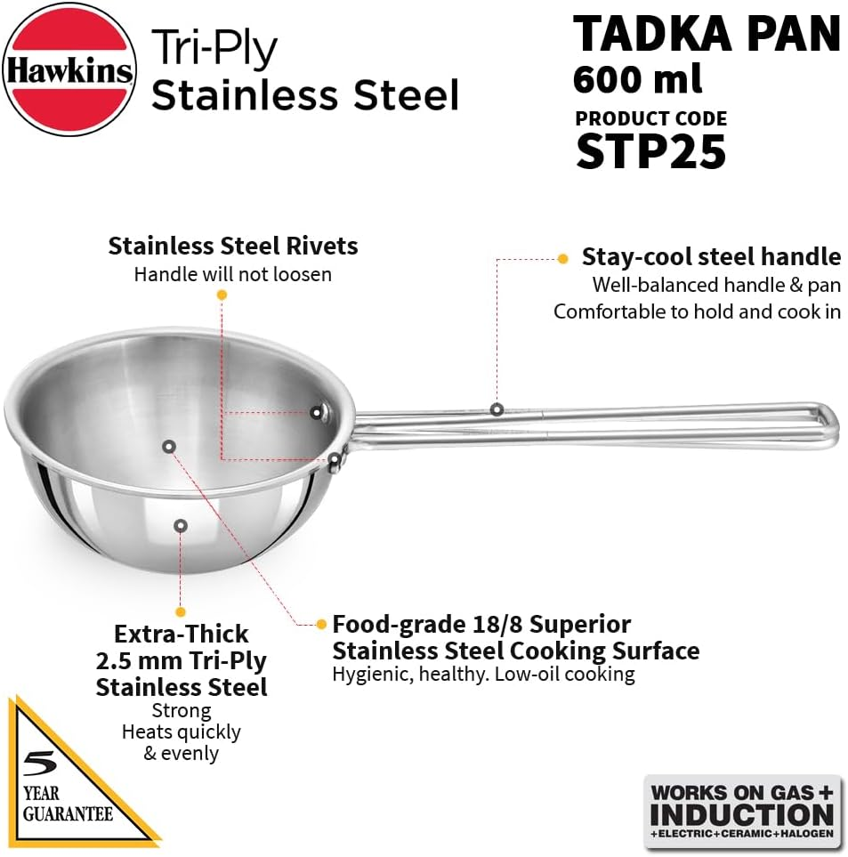 Hawkins 2.5 Cup Tadka Pan, 600Ml Triply Stainless Steel Pan, Silver (STP25) image number 4