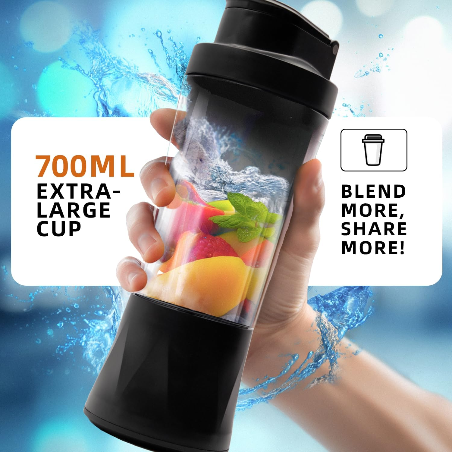 AVITONG Portable Blender USB-C Rechargeable, 710Ml Bpa-Free Cup, Personal Smoothie Maker with Lid, Ice Crushing Juicer for Travel, Gym, Office image number 5
