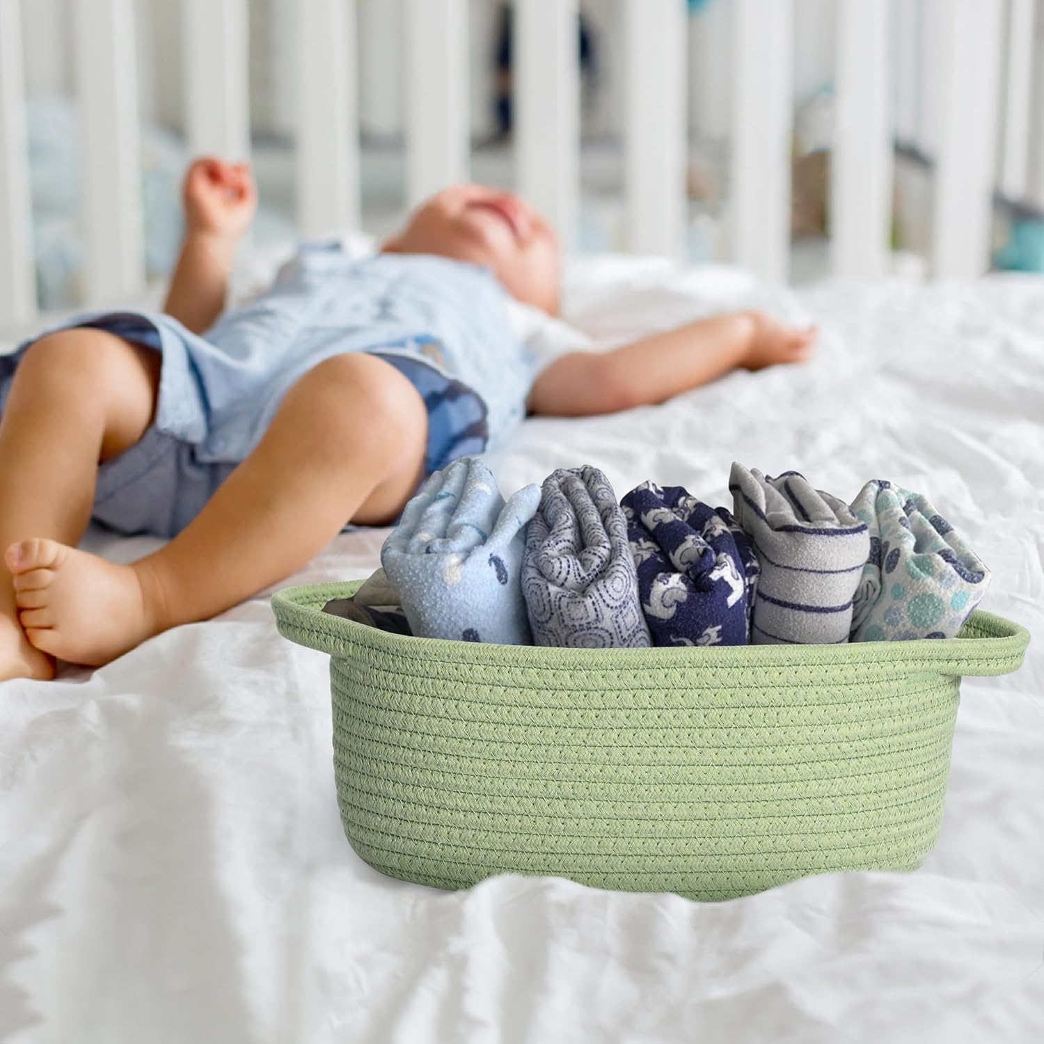 Small Woven Gift Basket, Baskets for Gifts Empty, Cotton Rope Cat Dog Toy Bin Box, Nursery Baby Basket, Wicker Basket with Handles, Shelf Storage Basket for Home Decor, Green, 12"X 8"X 5" image number 5