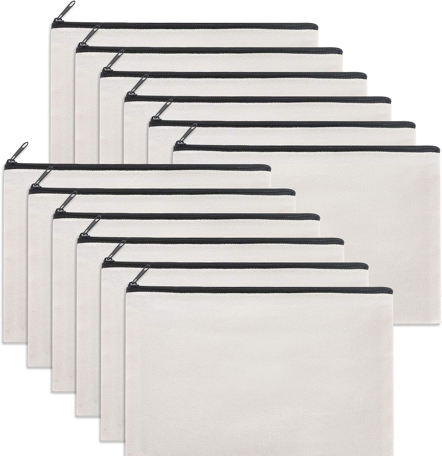 12 Pieces Black Cotton Canvas Makeup Bag, Multipurpose Cosmetic Bag with Zipper Travel Toiletry Pouch, Blank DIY Craft Bag Pencil Bag, White, M image number 4