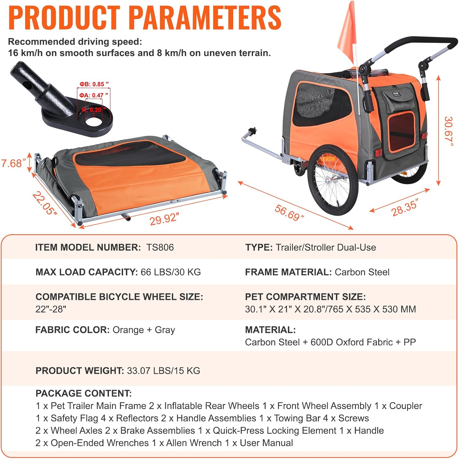 VEVOR Dog Bike Trailer, Supports up to 66/88/100 Lbs, 2-In-1 Pet Stroller Cart Bicycle Carrier, Easy Folding Cart Frame with Quick Release Wheels, Universal Bicycle Coupler, Reflectors, Flag