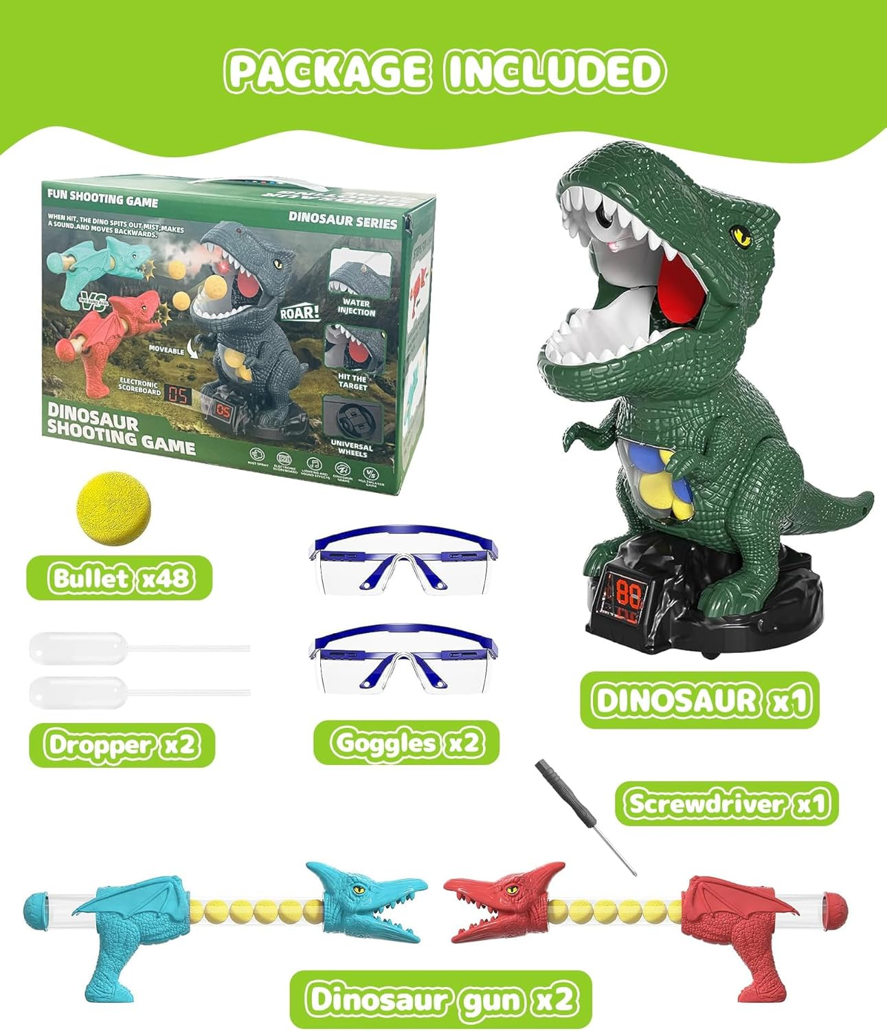 Movable Dinosaur Shooting Toy for Kids 3 4 5 6 7+ Years, 2 Air Pump Guns & 48 Foam Balls, LED Score + Spray Sound, T-Rex Target Game
