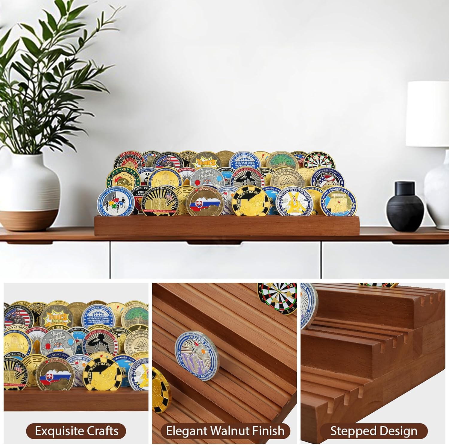 TJWZXX Challenge Coin Holder, 9 Rows Solid Wood Military Coin Display Stand Holds 60 Coins, Army Coin Rack Display Case for Desk Display image number 4