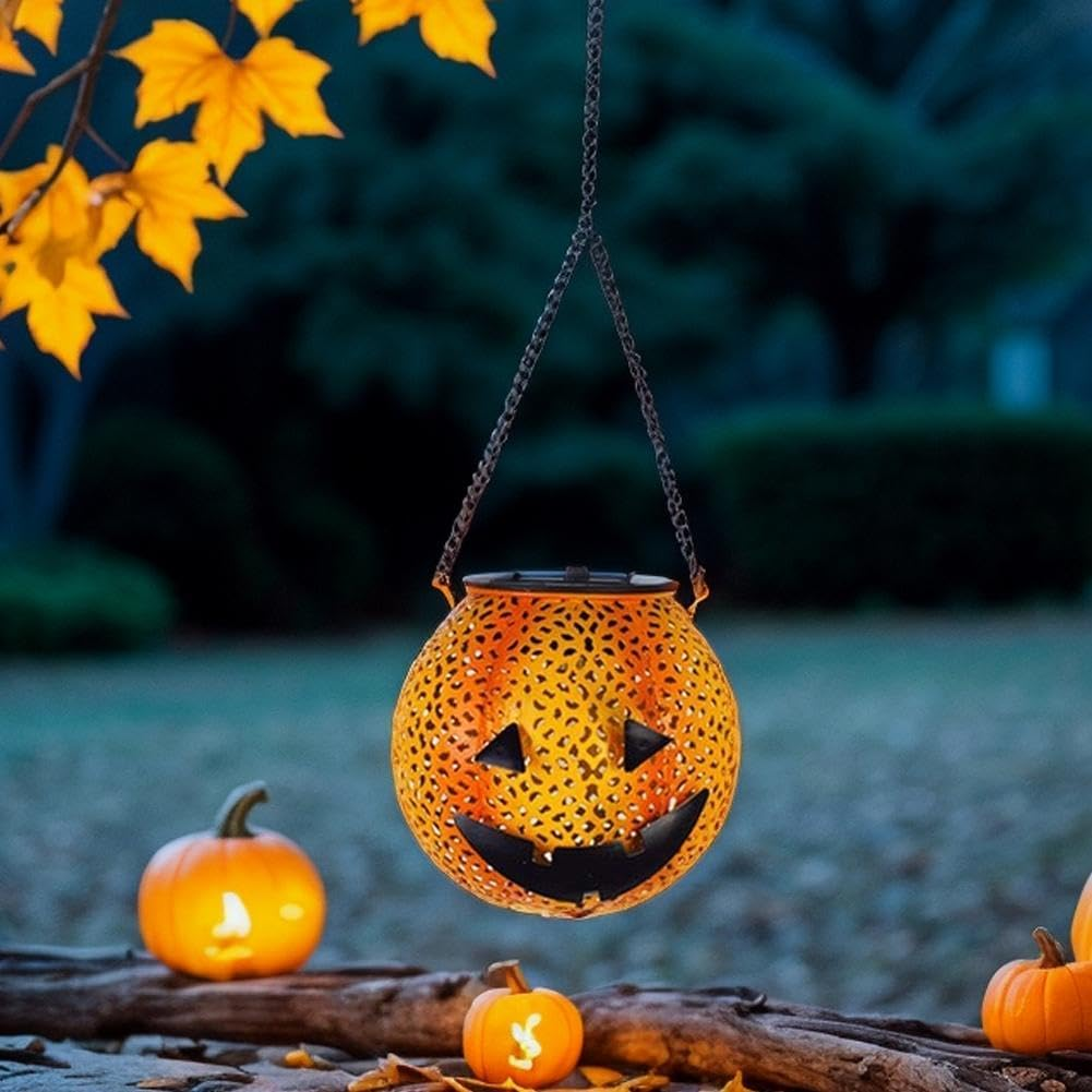 Halloween Decoration Hanging Solar Lantern Outdoor - Solar Powered Pumpkin Led Jack-O Lights, Waterproof Halloween Decor Metal round Lantern for Yard, Patio, Pathway, Porch, Lawn, Garden, Outside
