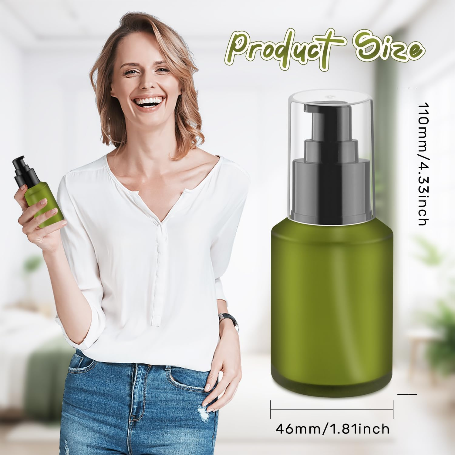 BOSMIOW 5 Pieces 60Ml/2Oz Empty Green Glass Lotion Pump Bottles,Refillable Essential Oil Jars with 1 Funnel and 1 Pipette,Cosmetic Sample Containers for Foundation,Cream,Gel,Shampoo image number 3