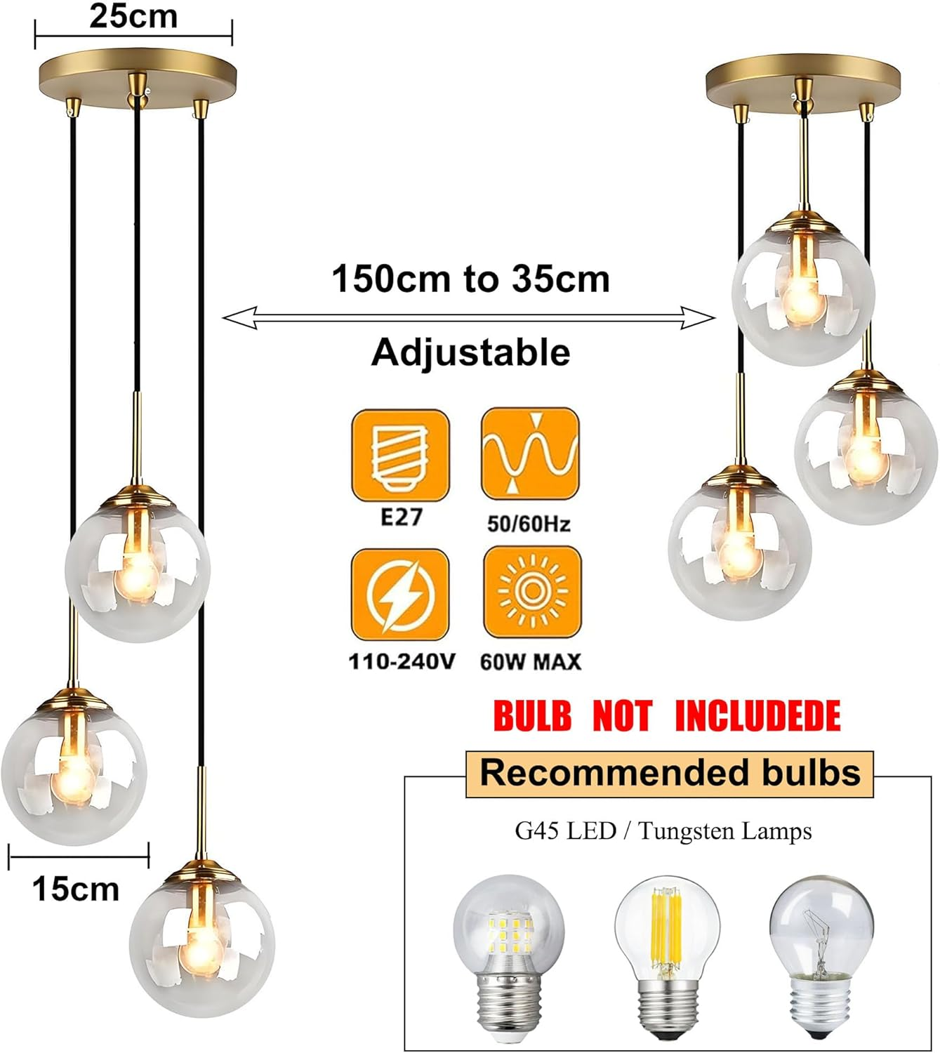 Industrial Vintage 3 Lights Pendant Light,Glass Globe 3 Pendants Ceiling Light, Brass E27 Hanging Lamp Cluster over Kitchen Island & Dining Room Table (Amber)