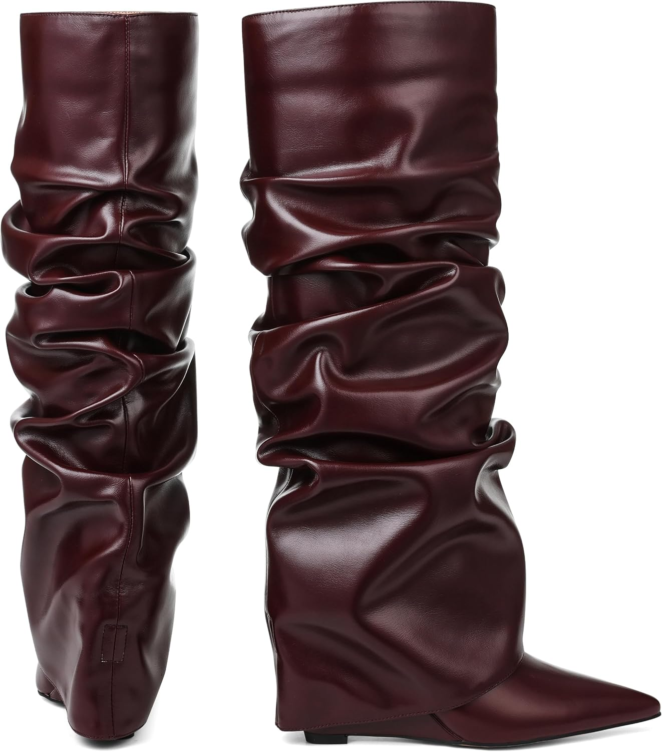 Oiamenne Women'S Fold over Boots Slouch Knee High Boots for Women Wedge Heel Pointed Toe Tall Boot, Wide Calf, Pull-On, Burgundy, 10 image number 1