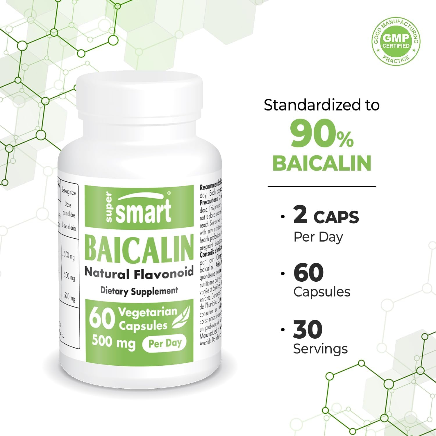 Supersmart - Baicalin 500 Mg per Serving - Scutellaria Baicalensis Extract - Natural Alternatives to Benzodiazepines - Combats Anxiety | Non-Gmo & Gluten Free - 60 Vegetarian Capsules image number 1
