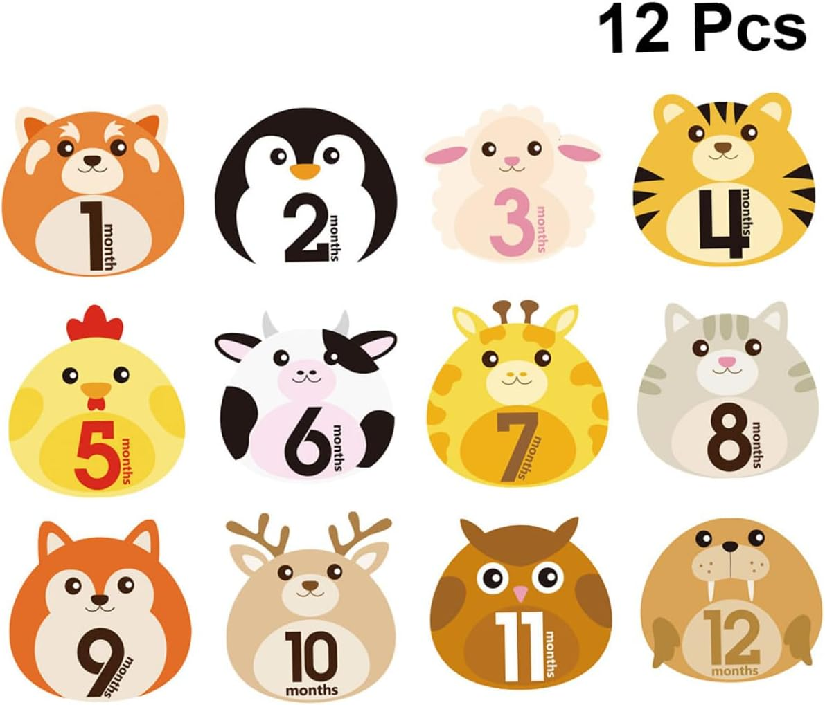 12 Sheets Milestone Stickers with Animal Design Self-Adhesive Monthly Decals for Newborn Photo Keepsake Reusable Belly Stickers for Boys