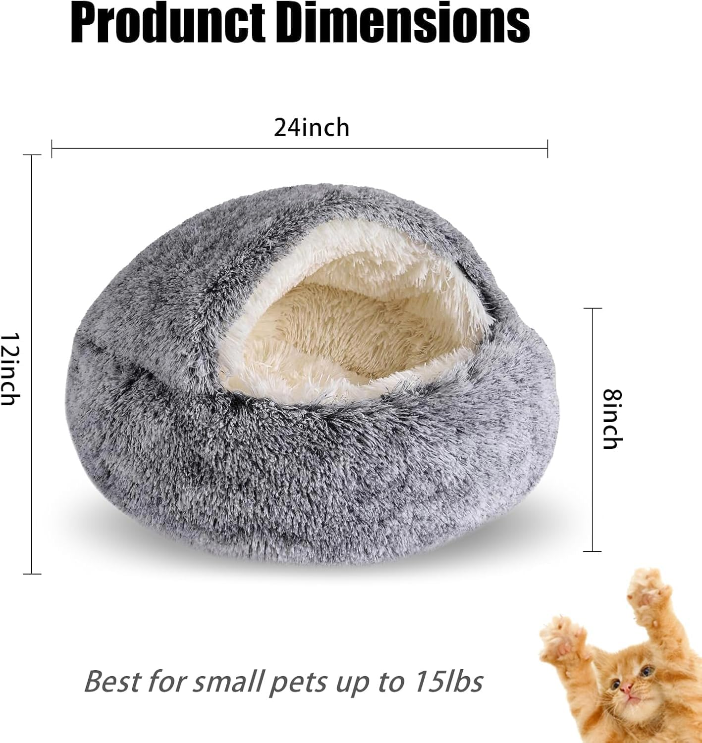 Calming Dog Beds & Cat Cave Bed with Hooded Cover,Removable Washable round Beds for Small Medium Pets,Anti-Slip Faux Fur Fluffy Coved Bed for Improved Sleep,Fits up to 15/25 Lbs(,24"X24") (Grey) image number 5
