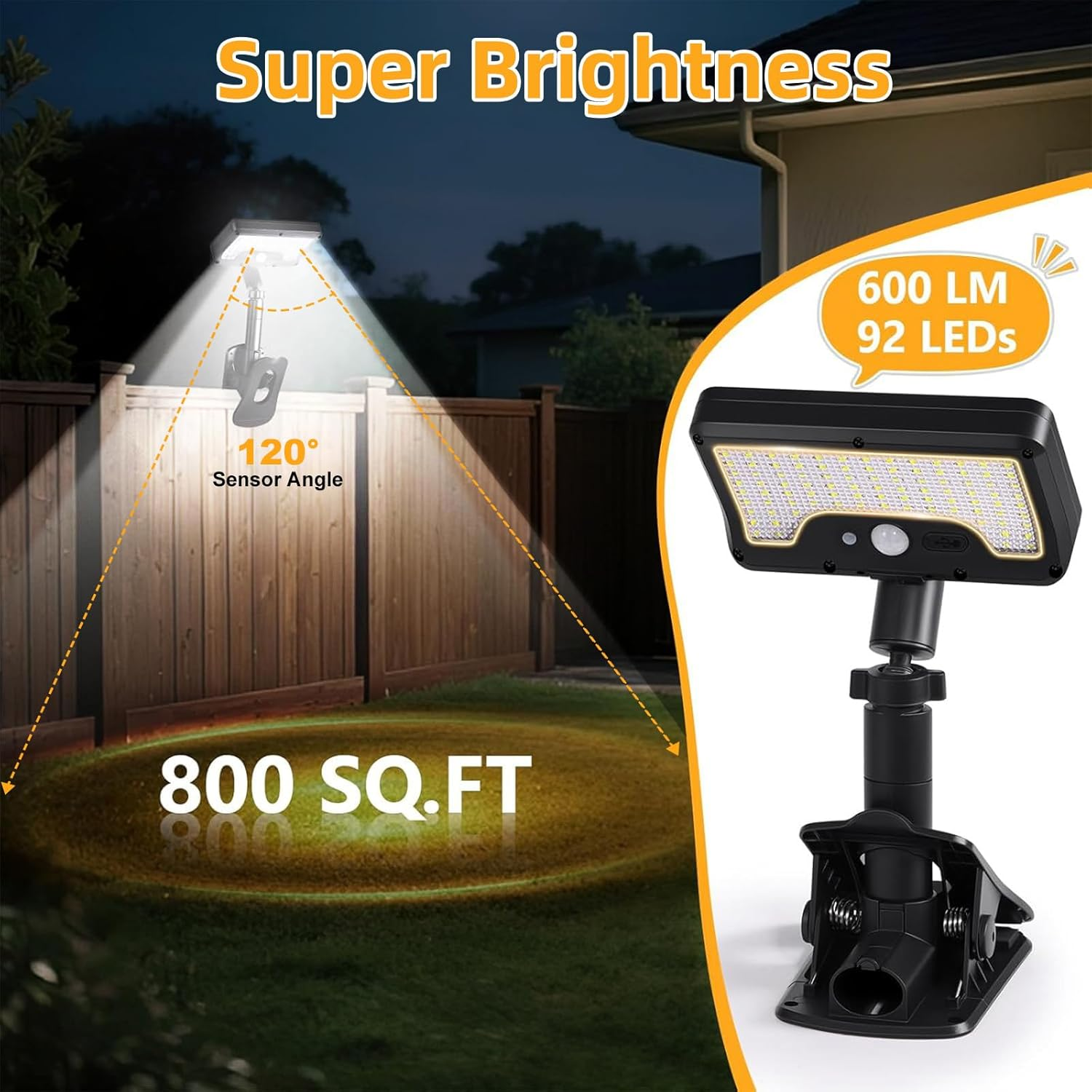 Solar Lights Outdoor, 2 Pack 600LM 92 LED Clip on Solar Motion Lights Outdoor, 360&deg; Adjustable & 3 Modes, 120&deg; Wide Angle, IP65 Waterproof Solar Security Light for Porch Courtyard, Garage, Walkway image number 4