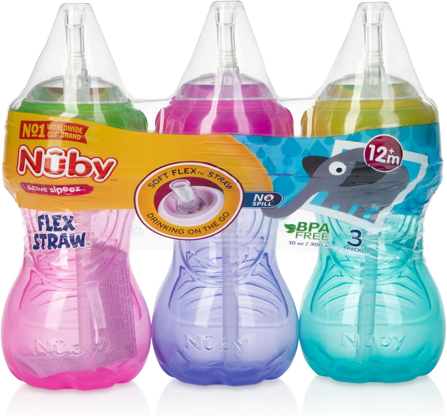 Nuby 3 Piece Girl No-Spill Cup with Flex Straw, 10 Ounce image number 5