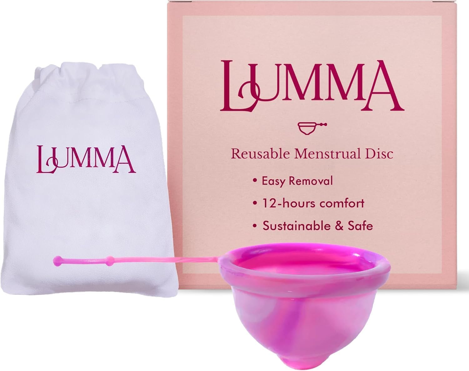 LUMMA Menstrual Disc - Includes Carrying Pouch & Silicone String for Easy Removal - Comfortable & Sustainable Choice to Tampons - Leak-Proof Reusable Medical Grade Silicone - Pink Love, Short Cervix image number 2
