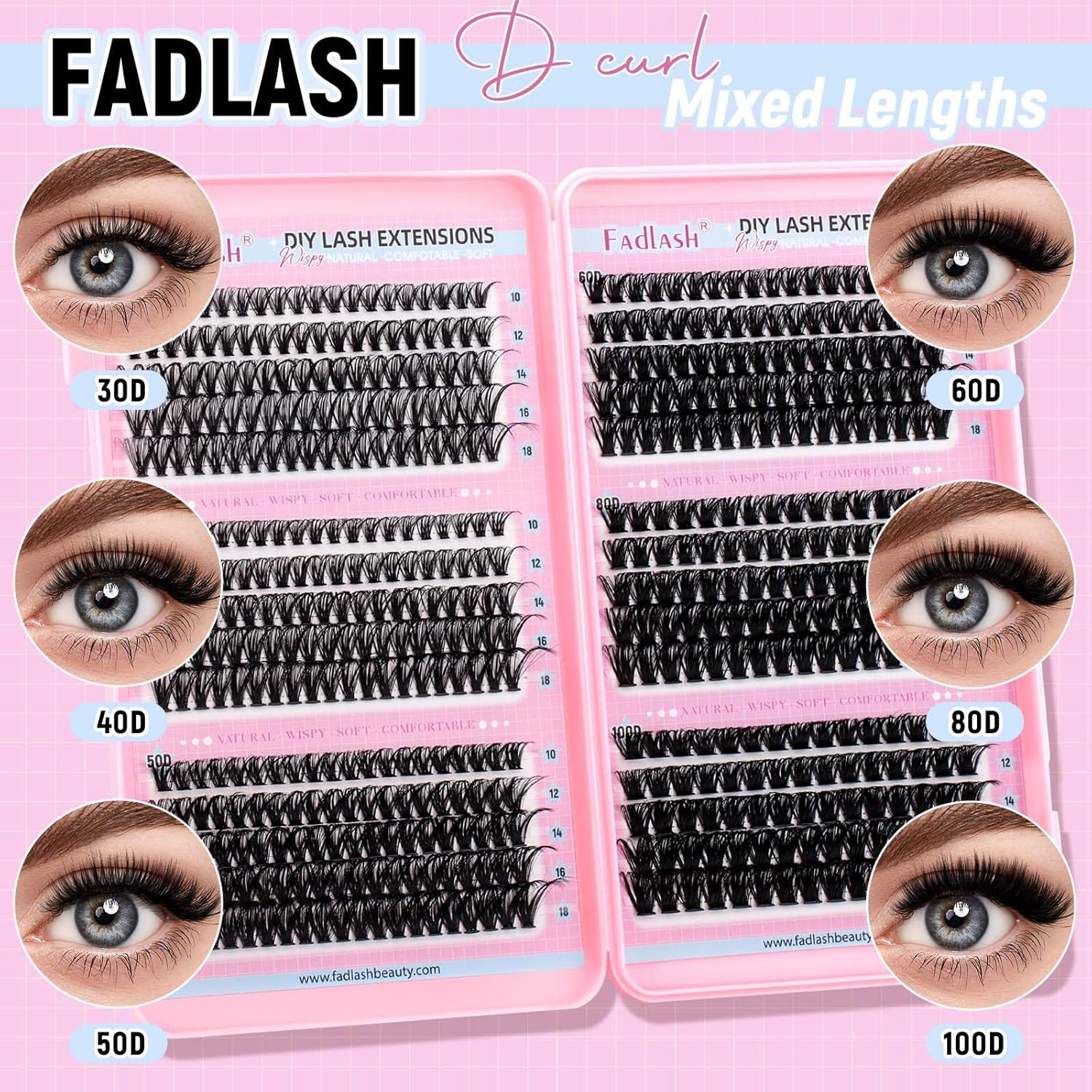 Eyelash Clusters 30D+40D+50D+60D+80D+100D Individual Lash Extensions D Curl Wispy Eyelash Clusters 10-18Mm Natural Fluffy Cluster Lash DIY Eyelashes Extension for Beginners image number 4