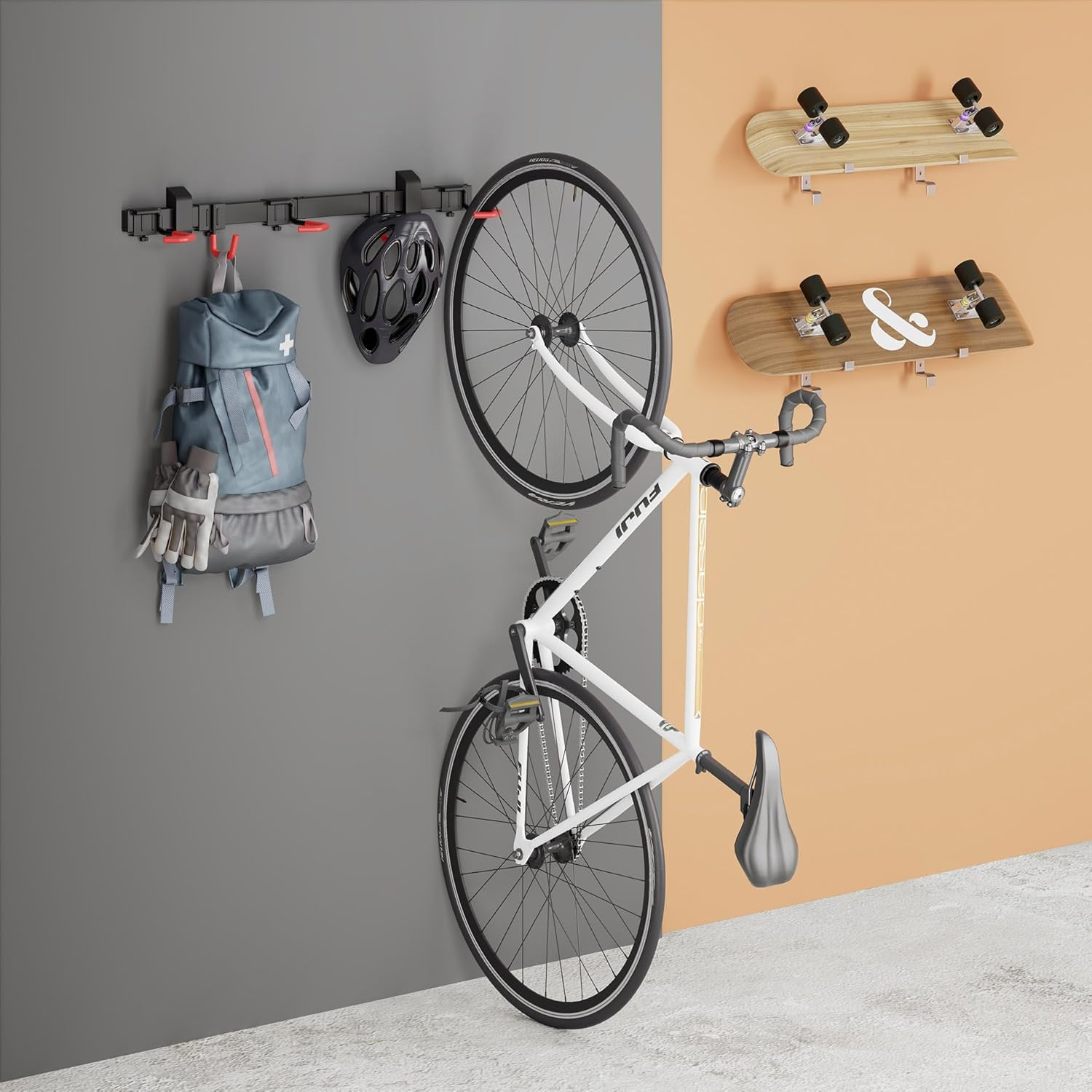 Mimoke Bicycle Wall Mount Vertical | Suitable for All Bicycles | Adjustable Hooks | Organisation Solution for Home and Garage (For 3 Bikes 2 Helmet Hooks) image number 2