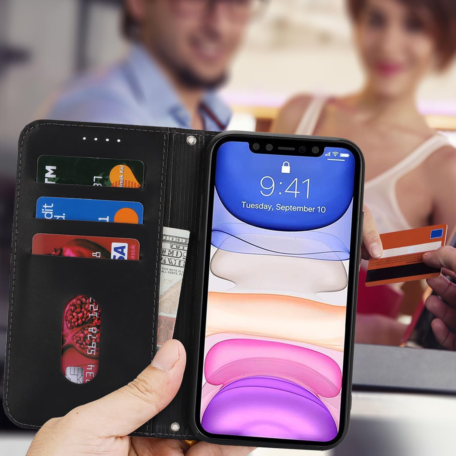 For Iphone 11 Case Leather Wallet Magnetic Flip Cover with Wrist Strap Card Holders Sunyoo Case Women Men RFID Blocking Porte Feuille Portefeuille Coque &Eacute;tui for Iphone11 Pour Femmes Homme Black image number 5