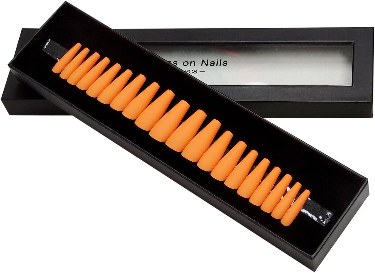 Press on Nails Fake Long Coffin Nail Tips Orange Matte 20 Pcs image number 4