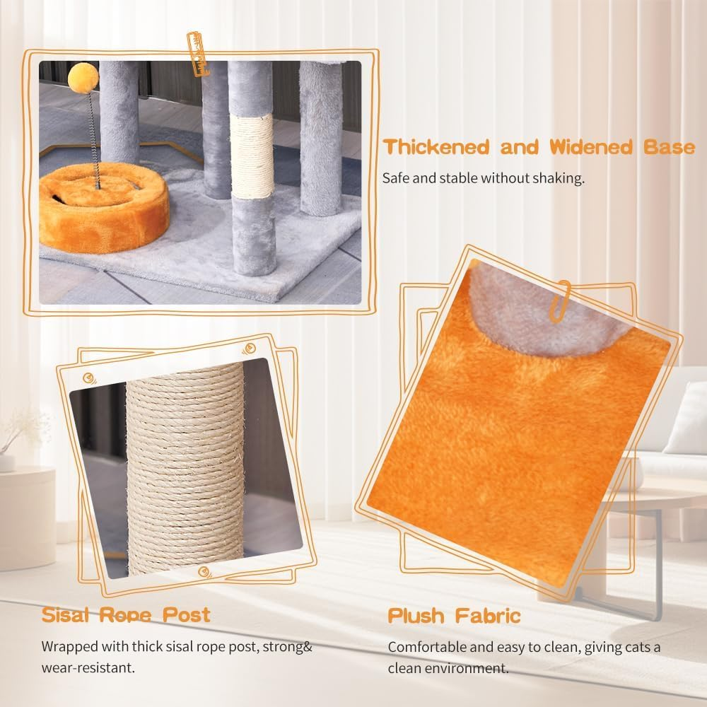 Cat Tree Tower, 95Cm Multi-Level Cat Tree with Sisal-Covered Scratching Posts, Cat Tower with Hanging Balls and Extended Platform for Cats to Play and Sleep (Grey-Cat Tree Tower) image number 3