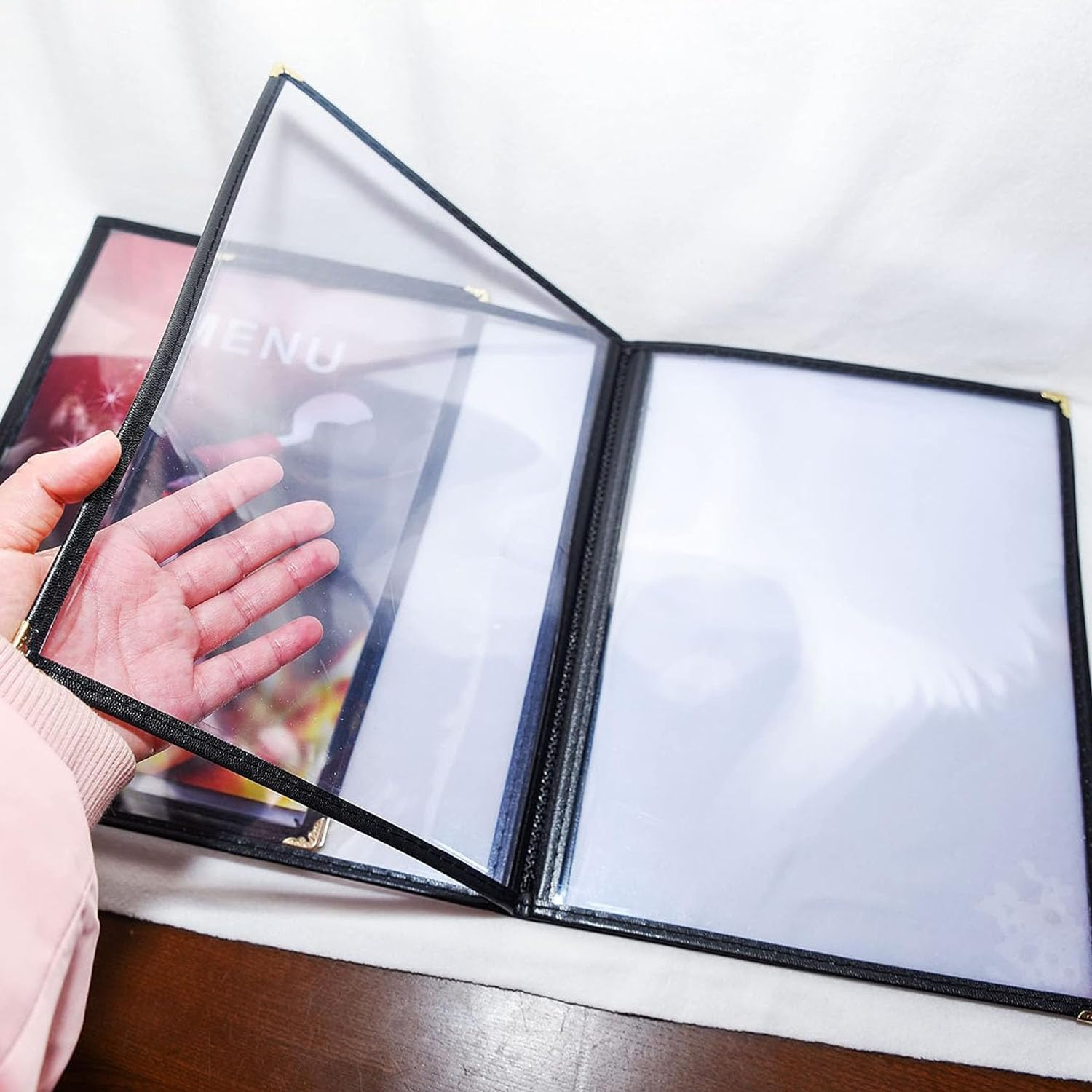 A4 Menu Covers Menu Book Holders, 4 Page 8 View Transparent Restaurant Menu Covers, Fits A4 Size Paper，Bar Cafe Restaurant Book Black Folder image number 6