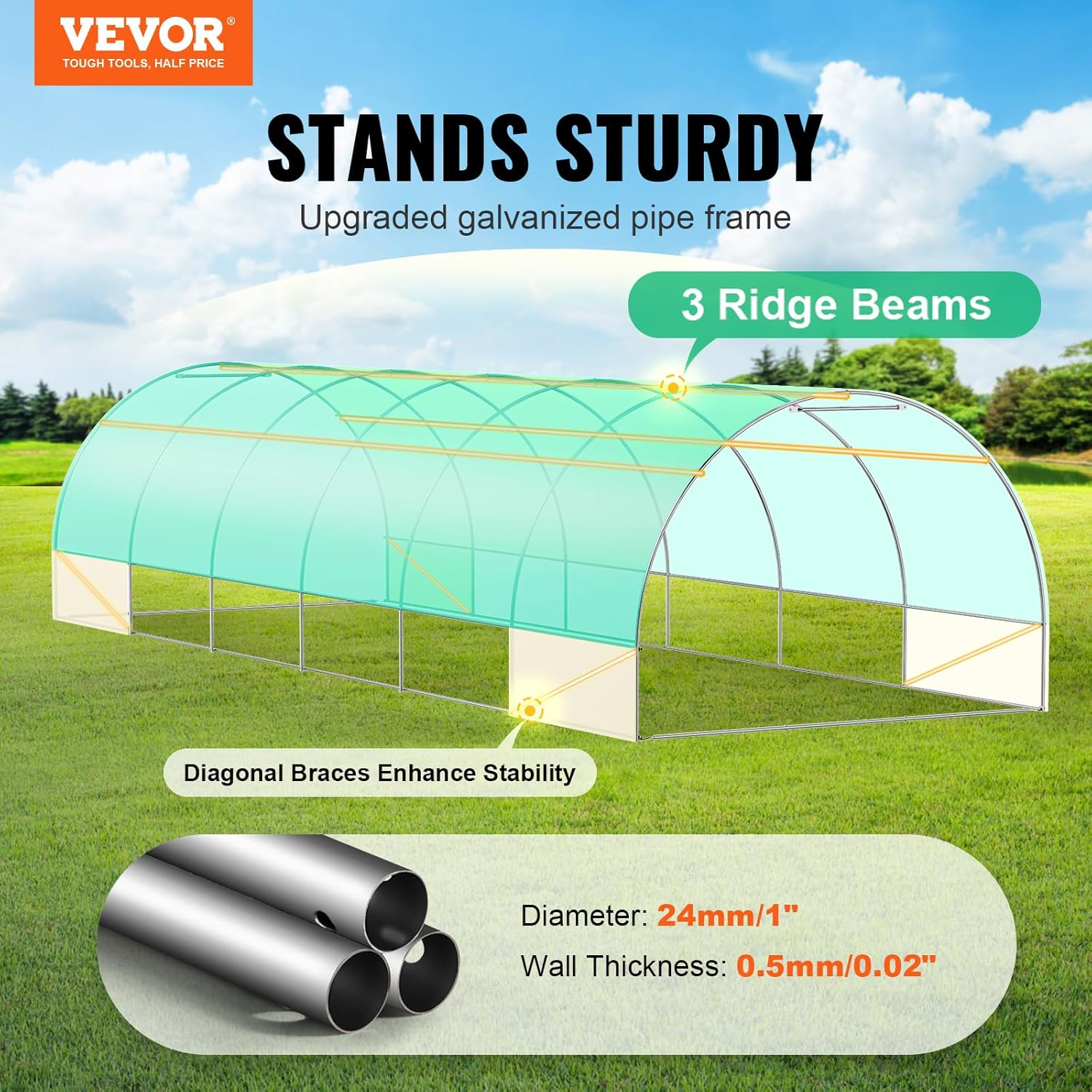 VEVOR Walk-In Tunnel Greenhouse, 29.2X9.7X6.5 Ft Hoop House Greenhouse Tunnel, Plant Hot House with Galvanized Steel Frame, Green PE Cover, Roll-Up Zipper Door and 12 Windows for Outdoor image number 6