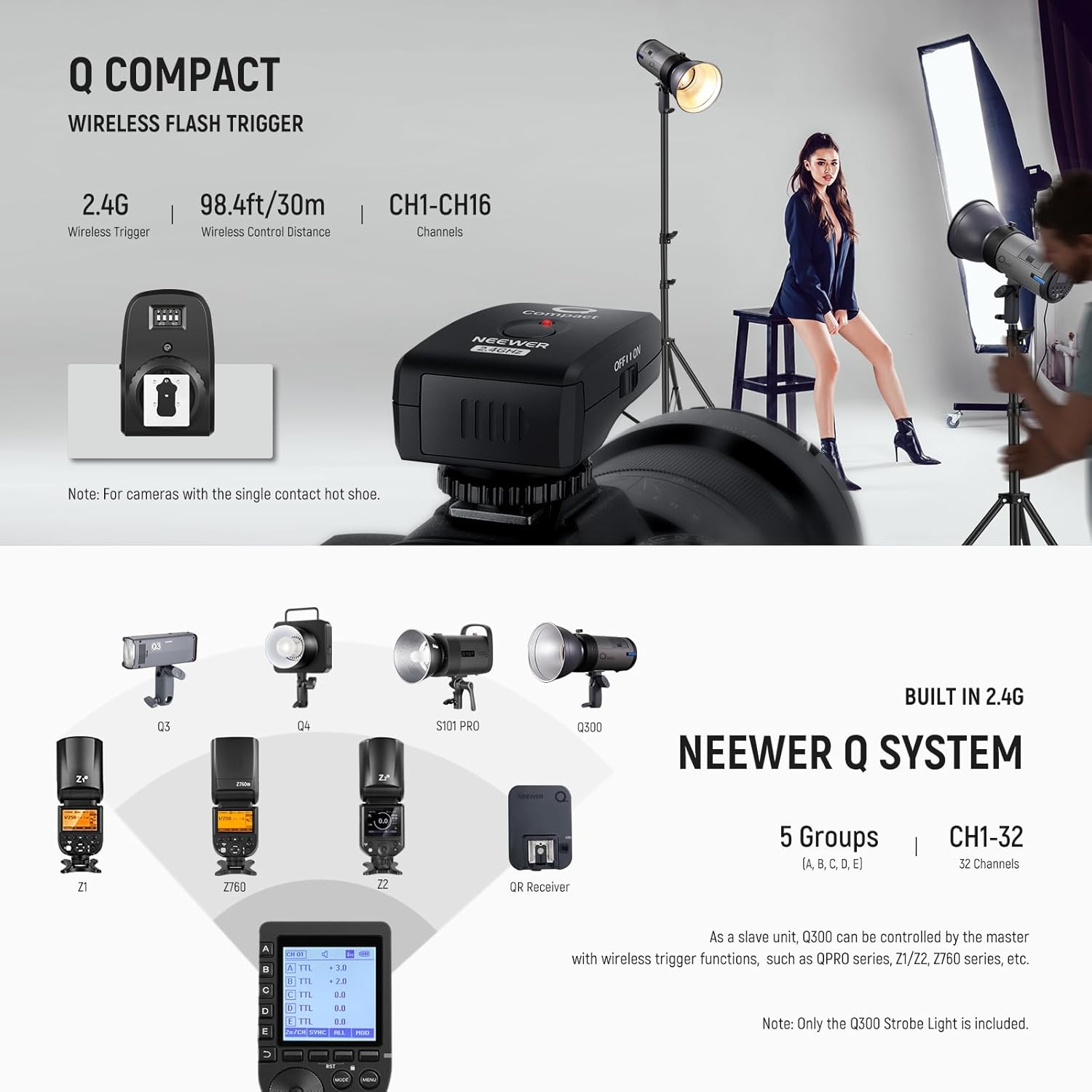 NEEWER Q300 300Ws 2.4G Outdoor Studio Flash with Q Compact Wireless Trigger, 7800Mah Li Ion Battery Powered Strobe Light Photography Cordless Monolight with 1000 Full Power Flash 0.4~2.9S Recycle image number 1