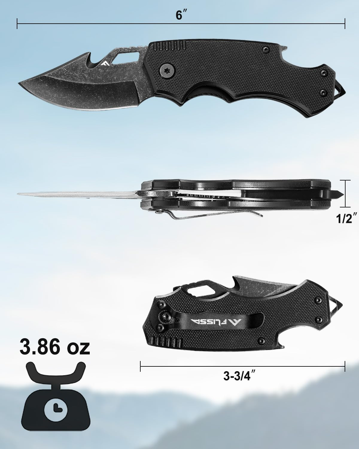 FLISSA Mini Folding Pocket Knife, 2.5-Inch Stainless Steel Drop Point Blade, Pocket Knives for Men with Bottle Opener and Glass Breaker image number 2