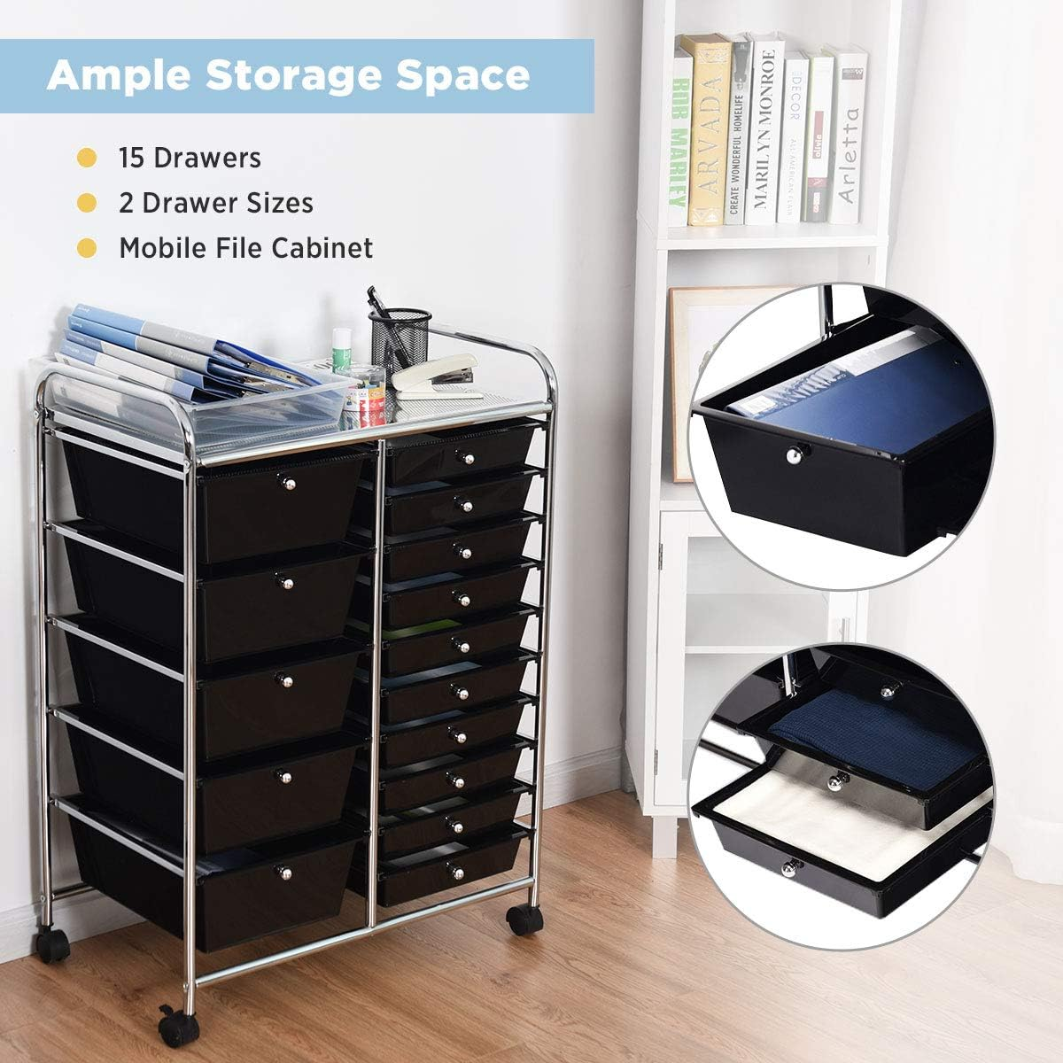 Costway 15-Drawer Rolling Storage Cart, Mobile & Lightweight File Cabinet Trolley Rack, Black, Metal & Plastic, Ideal for Home, Office, School, Kitchen, Beauty Salon image number 5