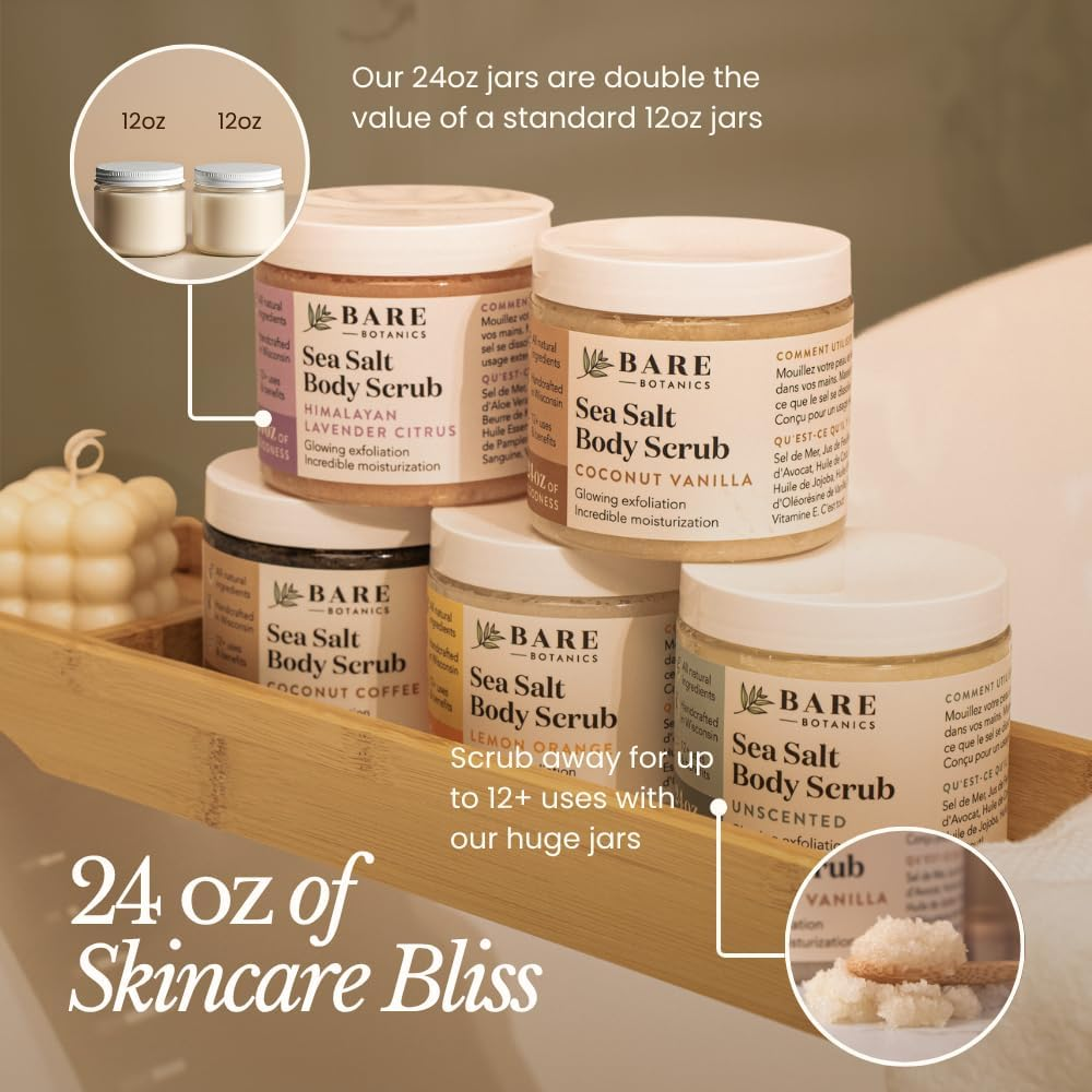 (Coconut Vanilla) - Bare Botanics Coconut Vanilla Dead Sea Salt Body Scrub, Large 470Ml, Wet Skin Moisturiser & Skin Exfoliator, Organic and All Natural Booty, Hand, and Foot Scrub for Dead Skin image number 6