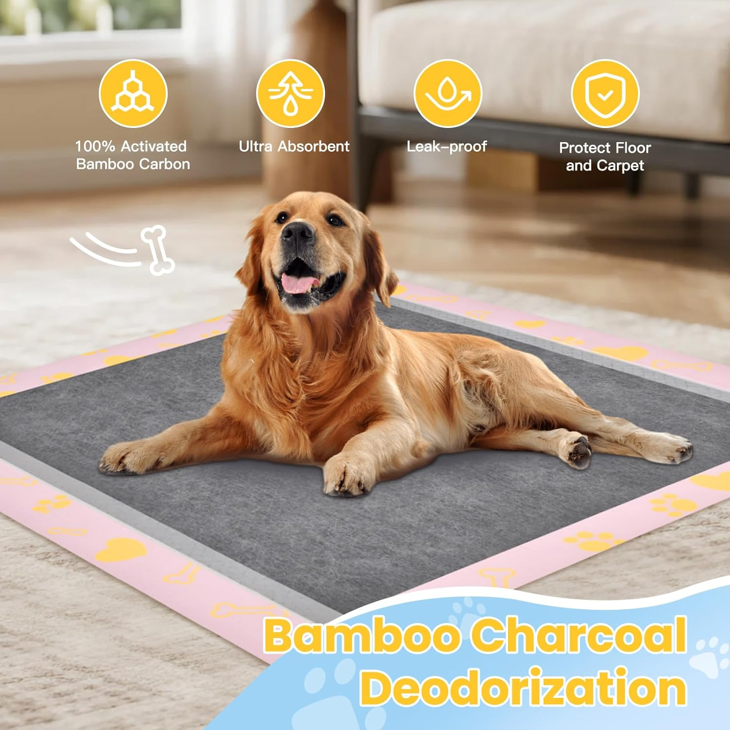 Advwin Bamboo Charcoal Training Pads, 100PCS Deodorizing Leakproof Quick Drying Dog Pee Pads, Super Absorbent Disposable Pet Training Pads for Dogs Puppies, Doggie, Cats, Rabbits - 60X60Cm image number 5