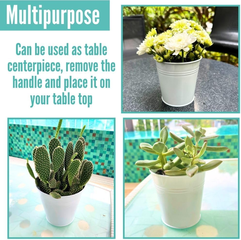 Lalagreen 6 Inch Hanging Planter Iron - 10 Pack, White Large Metal Flower Pot over Rail Balcony Railing Hanging Buckets for Plants Outdoor Fence Wall Herb Garden Succulent outside Deck Patio Porch