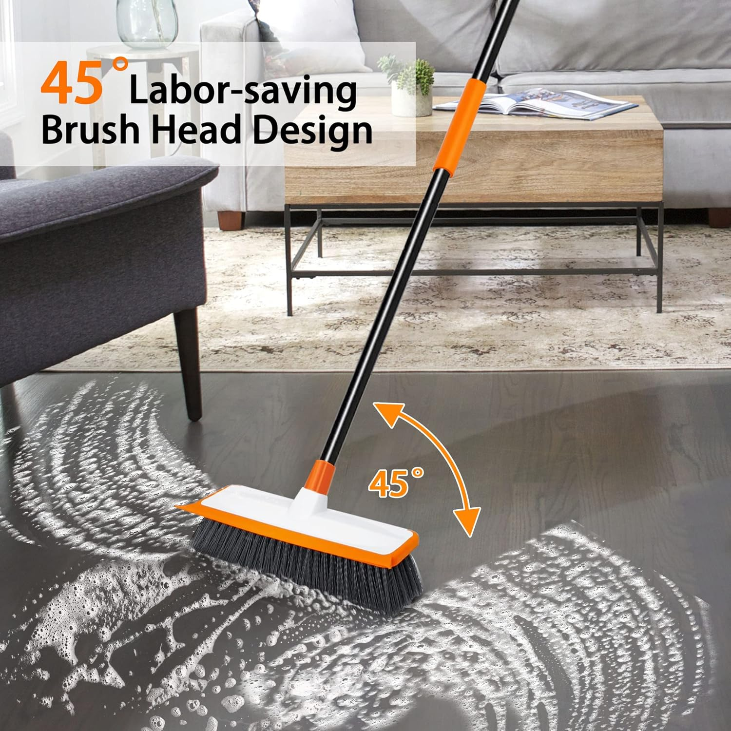 JEHONN Floor Scrubbing Brush 138 Cm Telescopic Long Handle Garden Patio Deck Cleaning Brush Stiff Broom Scrubber with Squeegee, Indoor Outdoor Sweeping Brush for Bathroom, Shower Wall, Swimming Pool image number 1