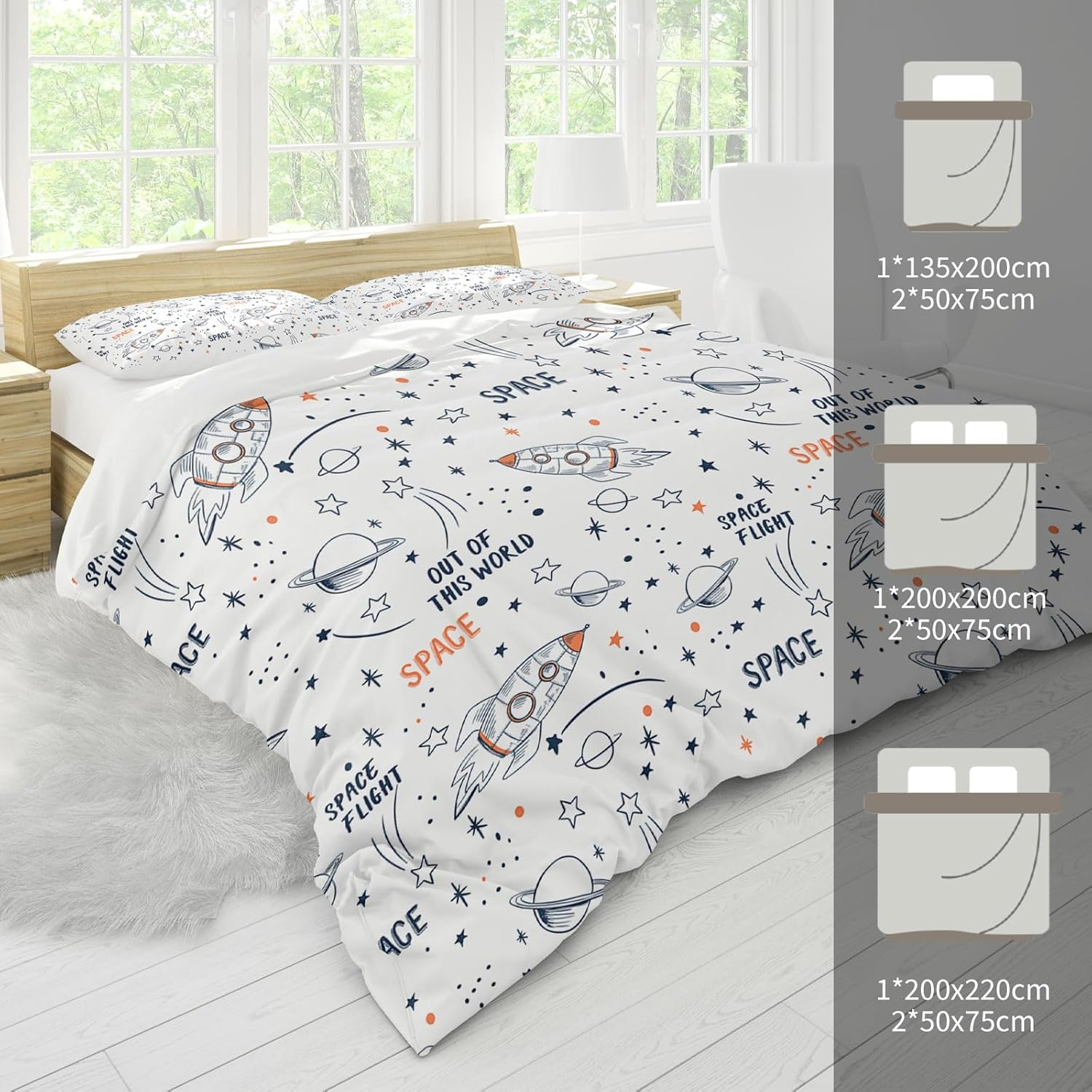 Space Bed Linen 220 X 240 Cm, Universe Planet Rocket Bedding Set Boys Girls Children White Blue Rocket Stars Planets Pattern with Pillowcase 50 X 75 Cm (B, 220 X 240 Cm) image number 1