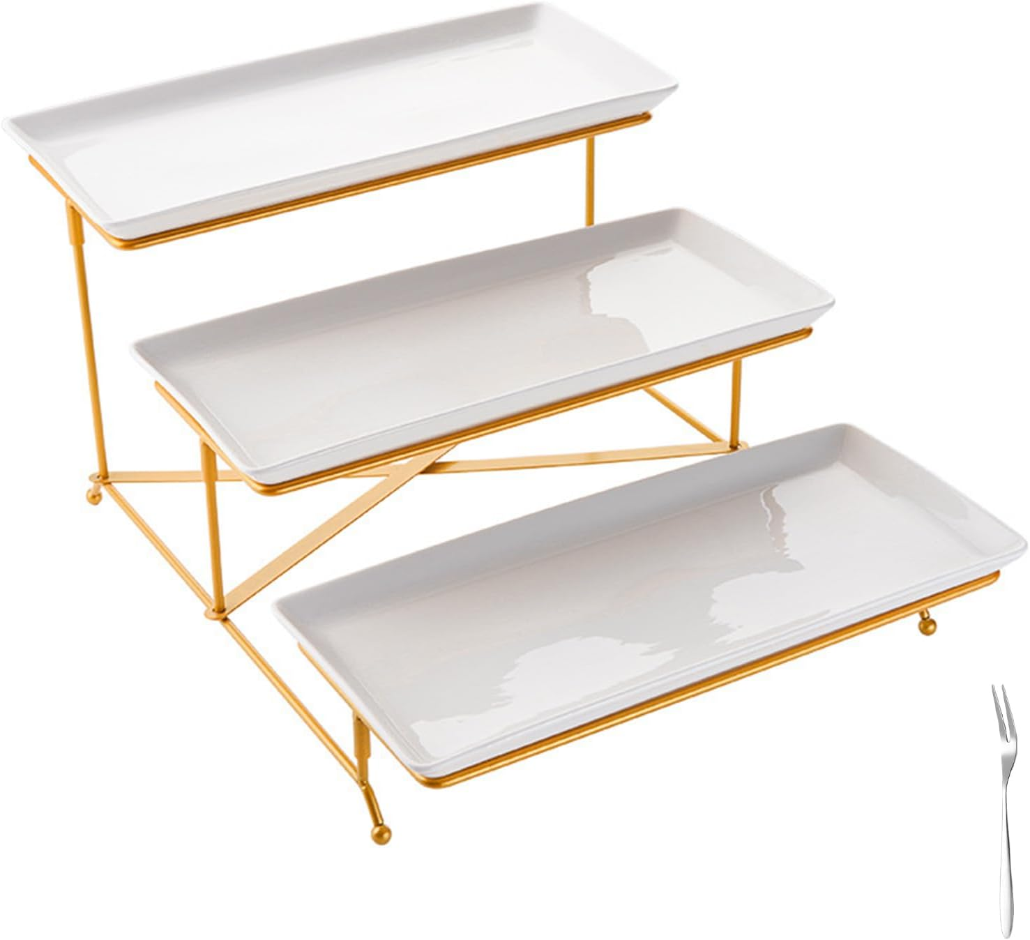 Top G 3 Tier Serving Tray with Stand,Cake Stands Porcelain Tiered Serving Platters Dishes with Collapsible Sturdier Rack, Dessert Display Stand for Party Entertaining, Food Presentation, Gold,14Inch