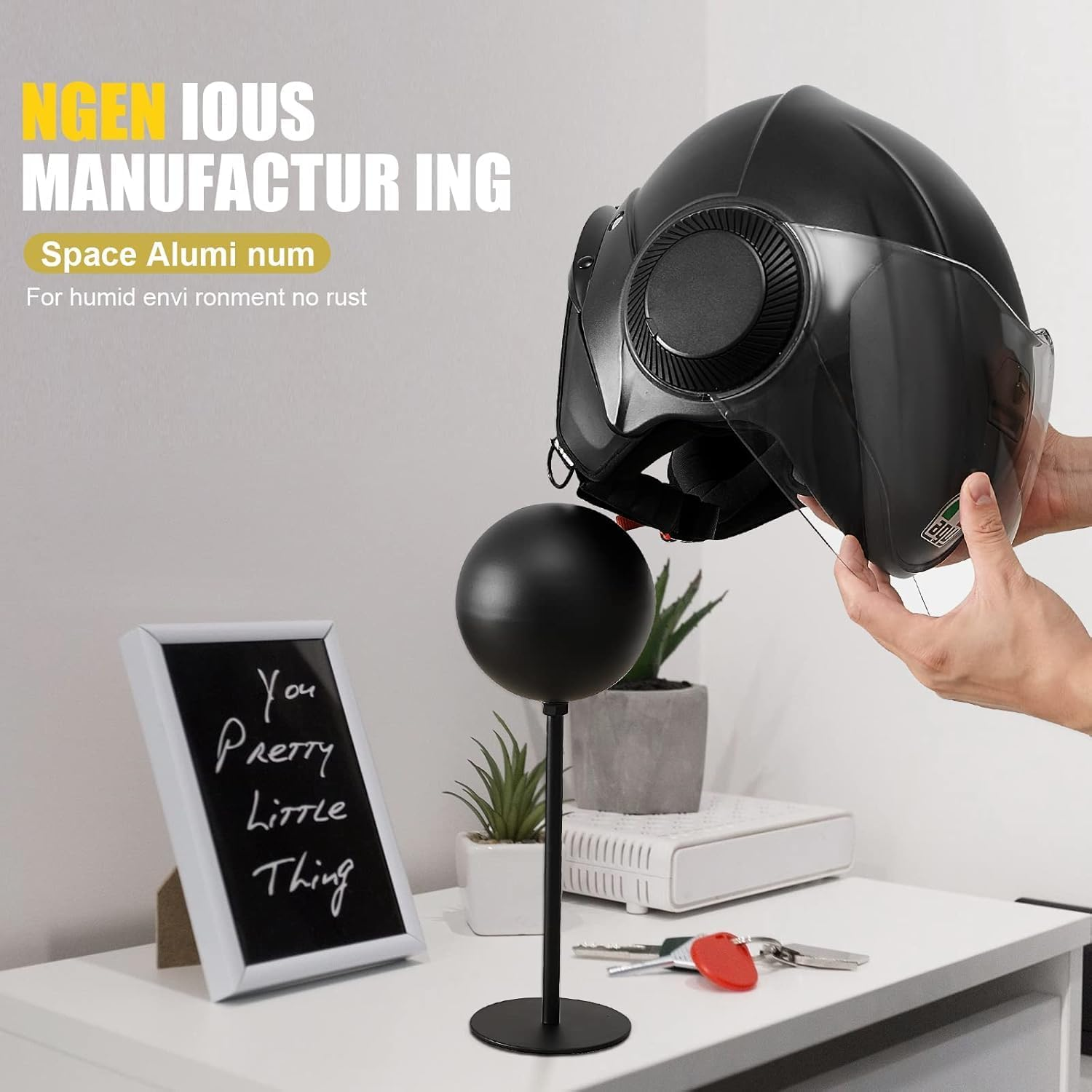 Helmet Stand Metal,Motorcycle Helmet Stand,Desktop Helmet Display Holder with Stable Base Helmets, Caps, Hats, Wigs, Motorcycle Helmet Accessories,Black image number 3