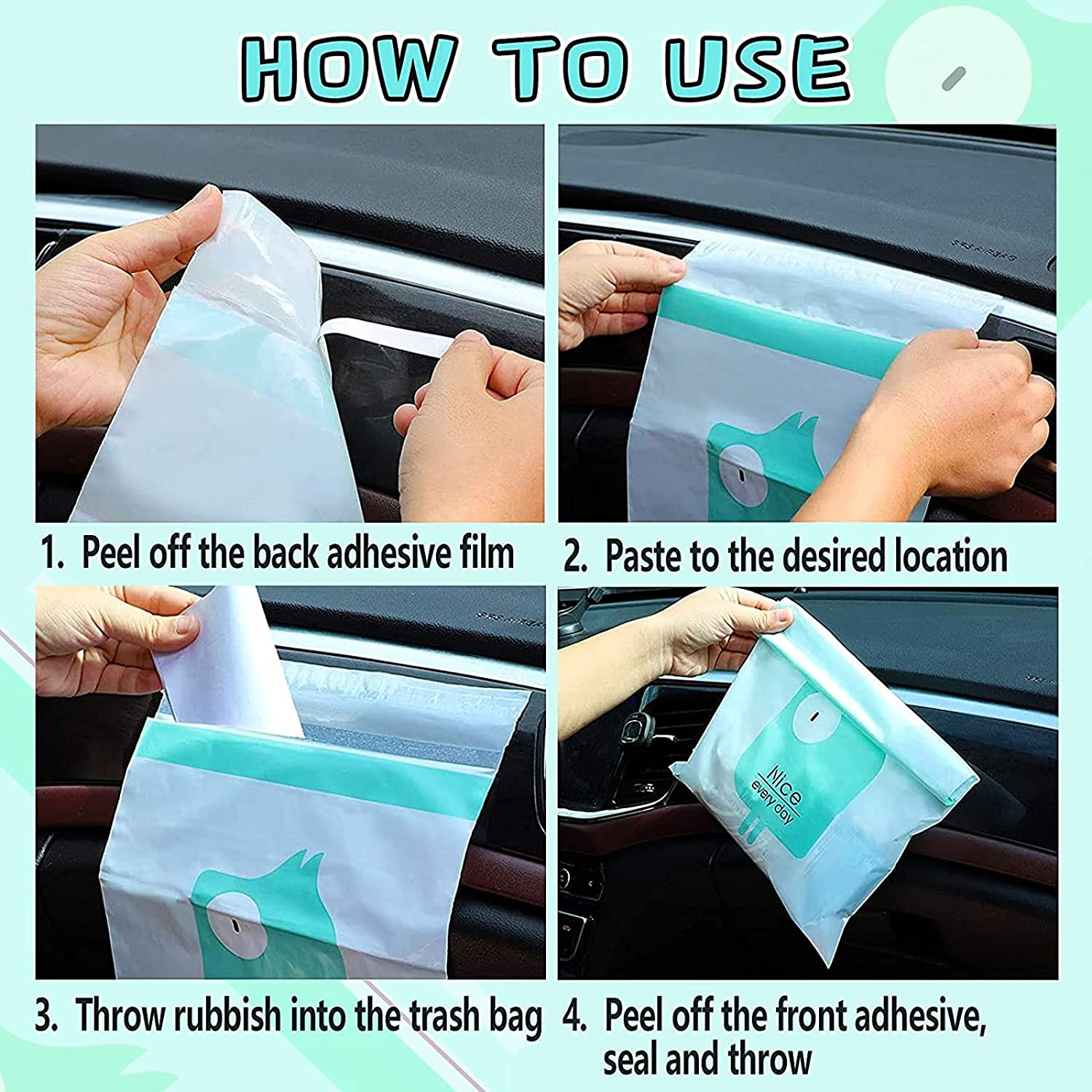 VIYNRAN Car Garbage Bags, 60 PCS Mix Color Easy Stick-On Disposable Auto Trash Bags Paste Type with No Trace Strong Sticky Strip Portable Hanging Rubbish Bag,Storage Bag for Home,Kitchen, Office